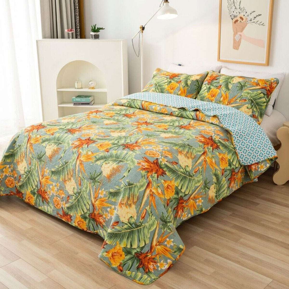 100% Cotton Lightly Quilted Coverlet Set - Birds of Paradise Design - Queen Size 90x102 Inches (230x250cm) - Soft Bedspread for Cozy Bedroom Decor, Guest Room & Dorm Essentials