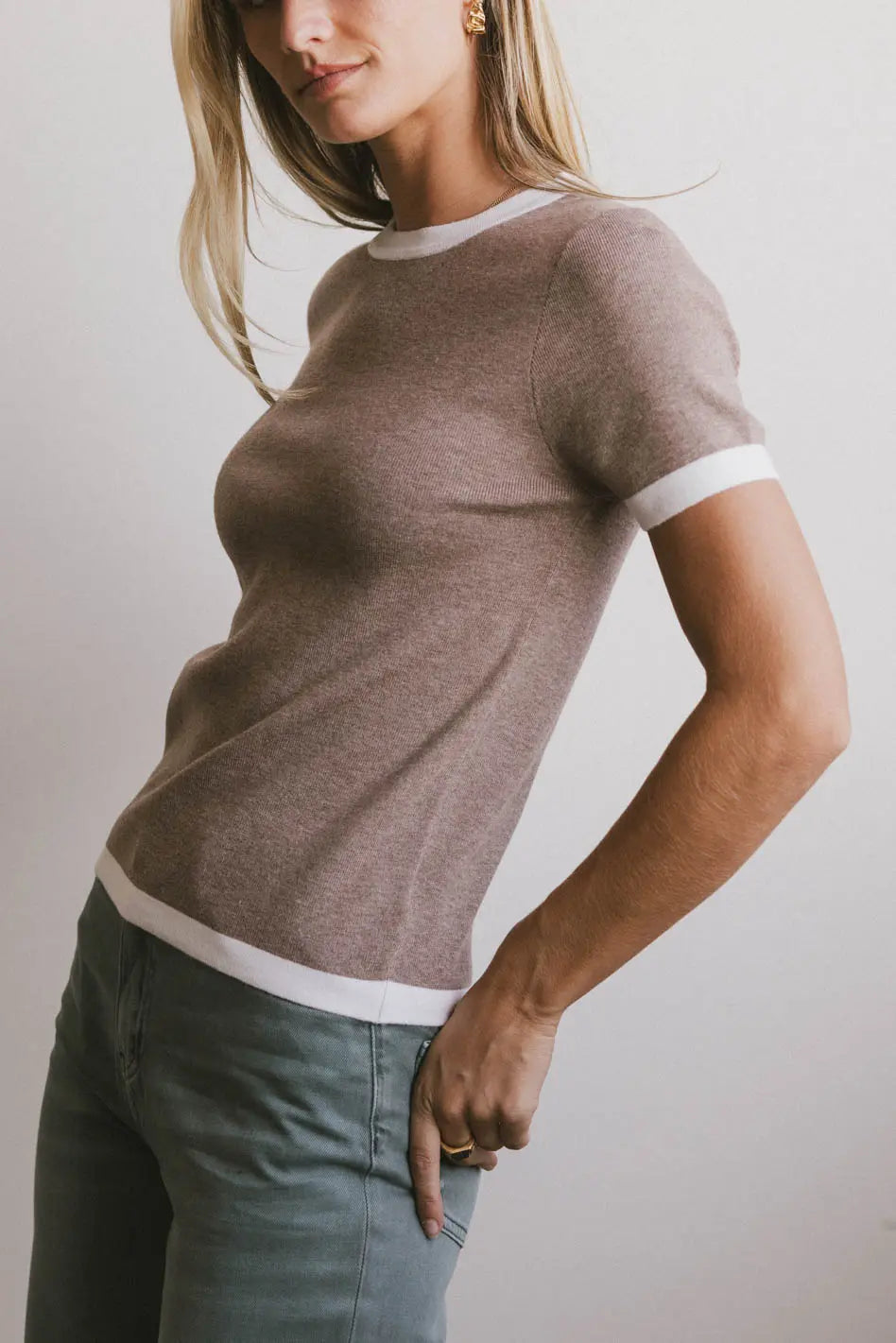 Maddie Ringer Sweater Top in Taupe | Women's Casual Knit Pullover | Perfect for Fall & Winter Layering