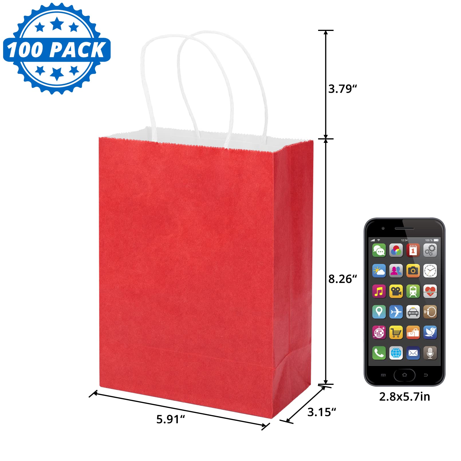 100 Pack 5.9x3.15x8.26 Inch Small Red Gift Bags with Handles - Bulk Kraft Paper Party Favor Bags for Birthday, Wedding, Baby Shower & Retail Shopping | Perfect for Candy, Small Gifts & Business Promotions