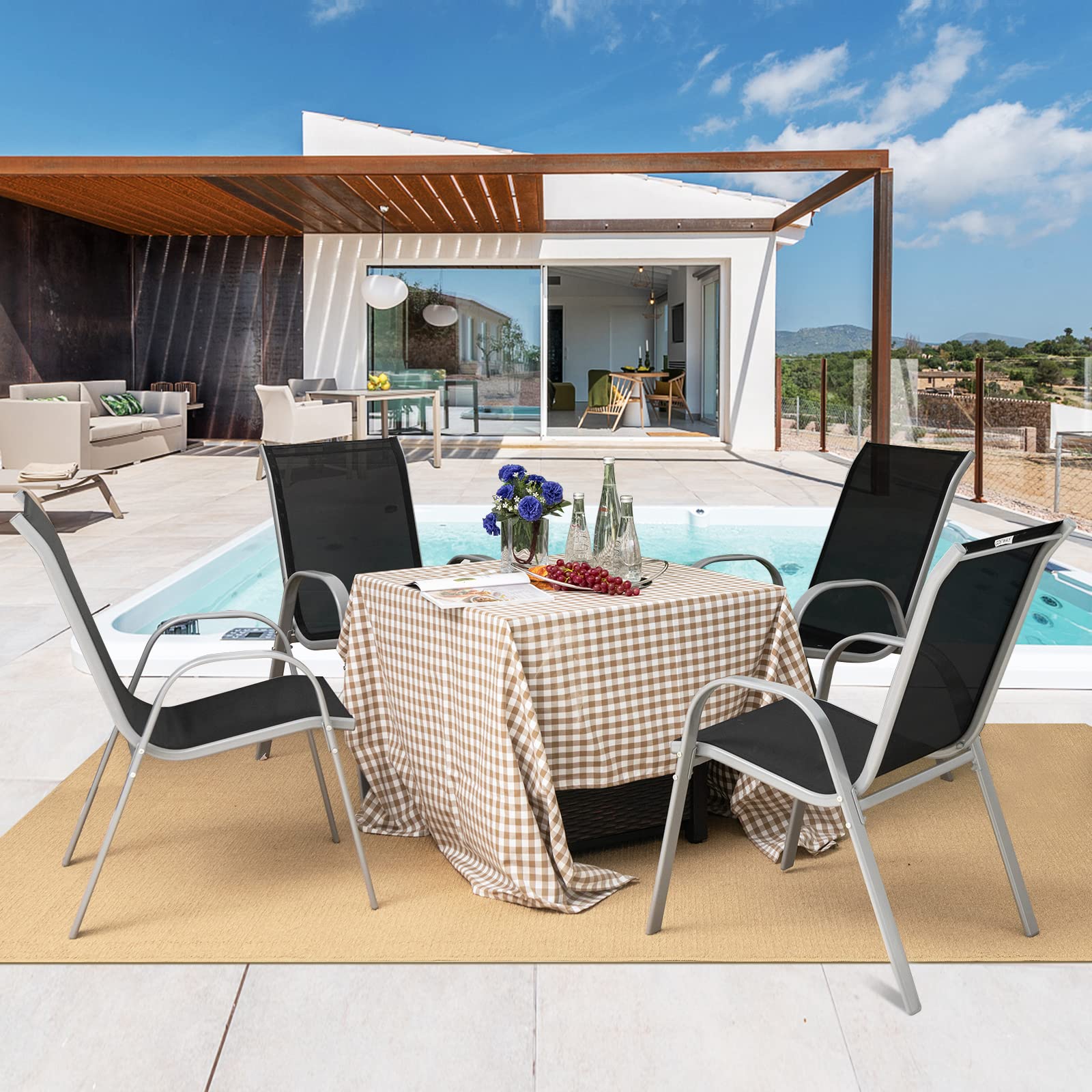 Tangkula 4-Piece Stackable Outdoor Dining Chairs Set - Heavy Duty Steel Frame Patio Armchairs for Backyard, Lawn & Poolside - Weather Resistant Gray Outdoor Furniture (Perfect for BBQs, Garden Parties & Pool Relaxation)