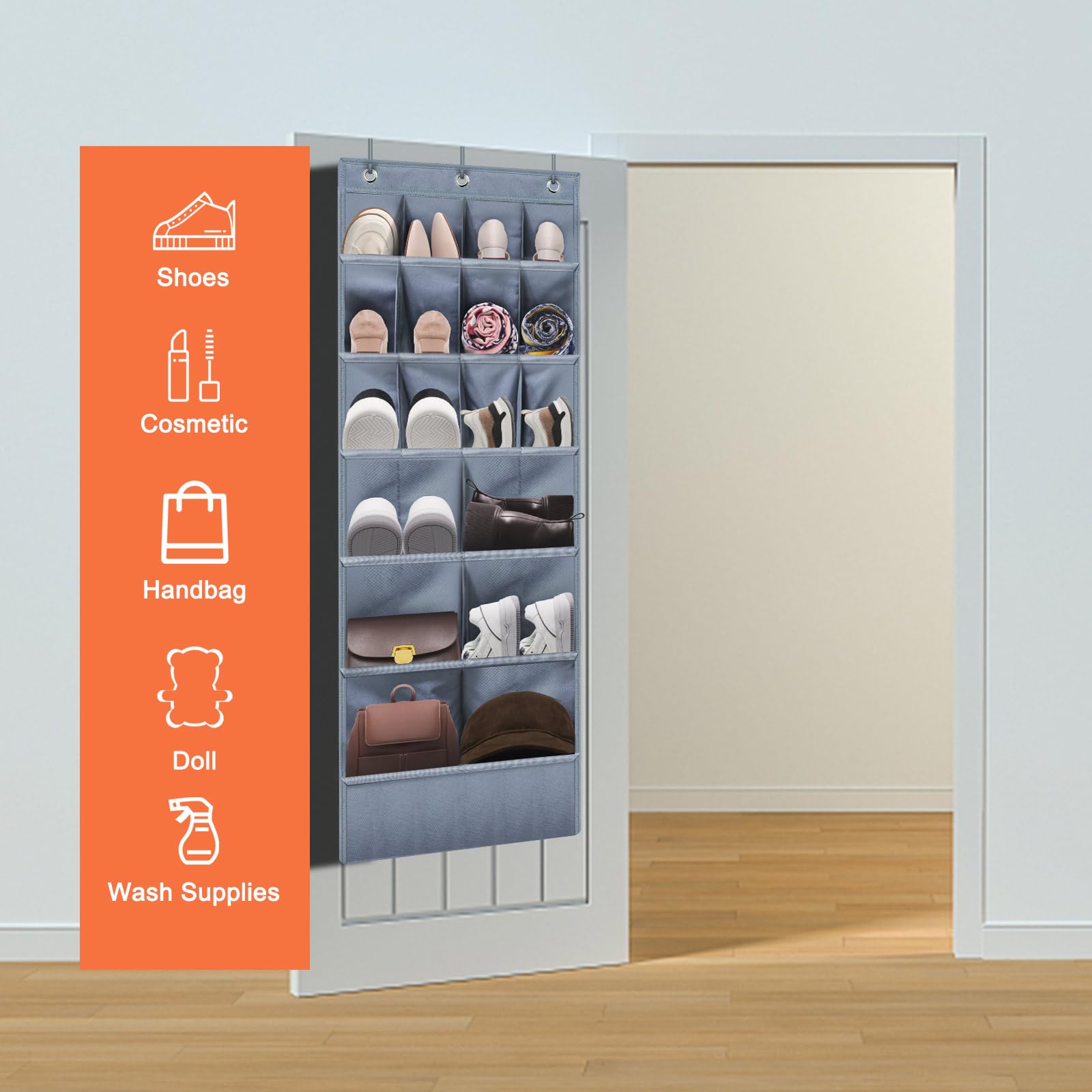 Over the Door Shoe Organizer - 17 Pocket Hanging Shoe Rack with Large Pockets, Space Saving Grey Closet Storage - Perfect for Bedroom, Closet, Entryway & Small Space Organization