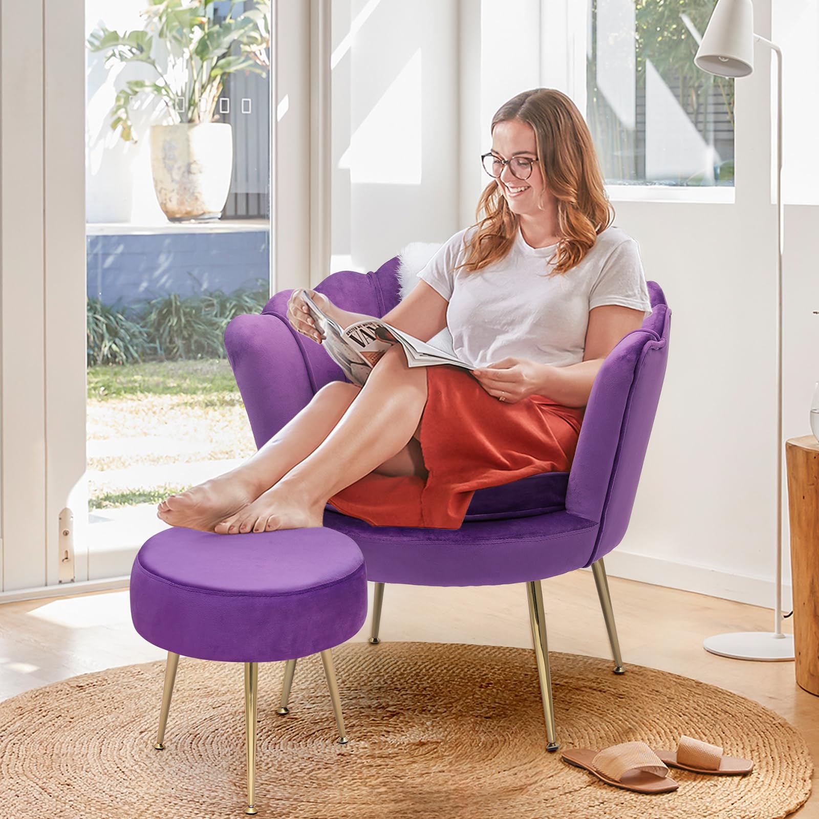 Magshion Velvet Vanity Chair with Backrest - Purple Accent Chair with Golden Legs, Scalloped Design & Soft Pillow - Upholstered Armchair with Footrest for Dressing Table, Bedroom, Living Room & Makeup Area