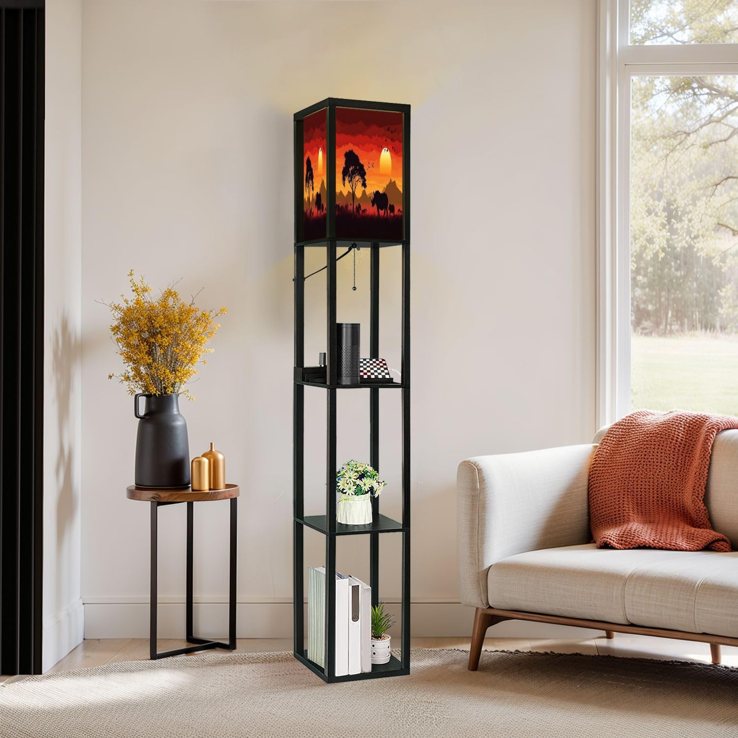 Modern Floor Lamp with Shelves - USB Ports & Power Outlet, Silhouette Wild Sunset Animal Design - Tall Standing Corner Lamp for Living Room, Bedroom, Office - Perfect for Reading, Nightstand Lighting & Home Decor