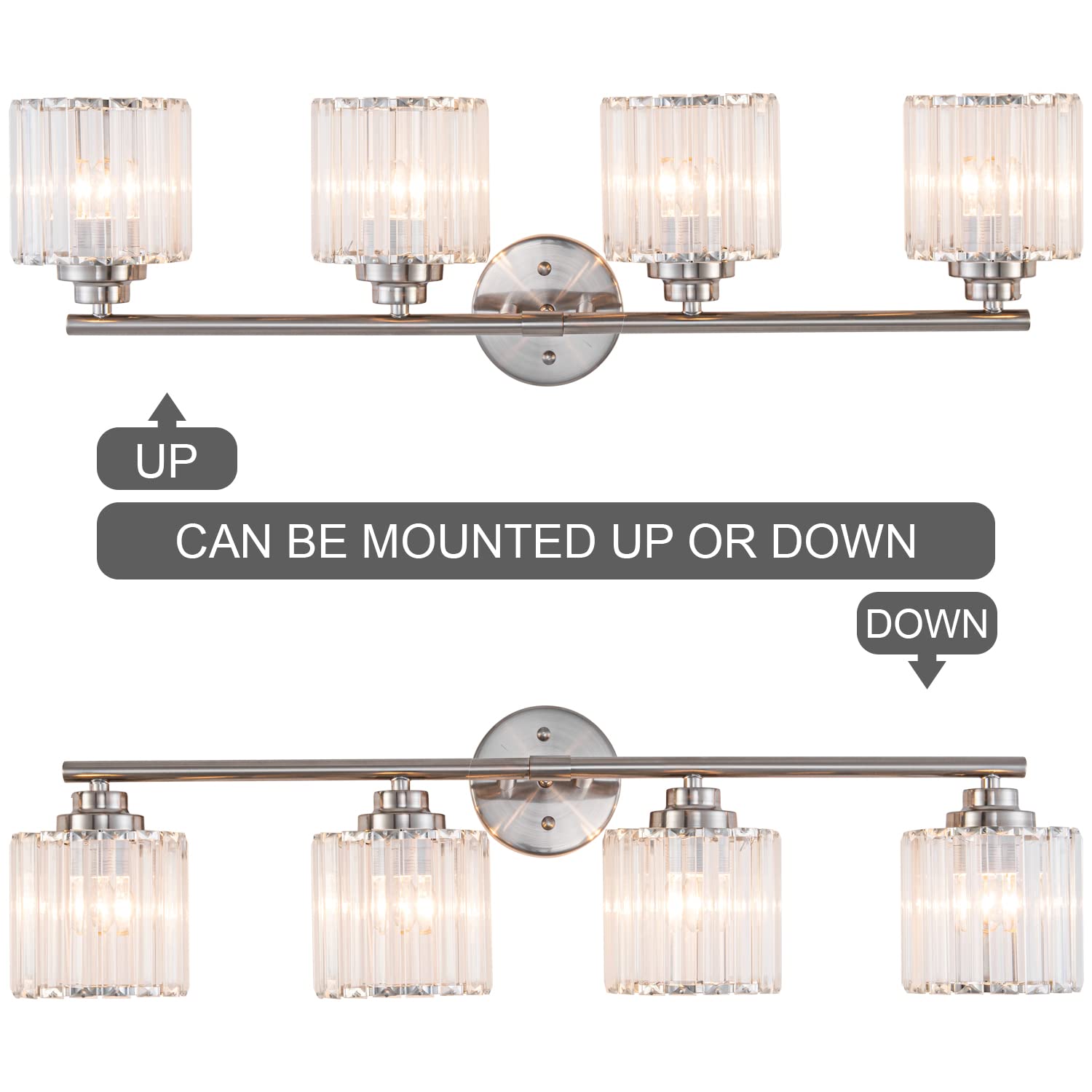 Modern Brushed Nickel Bathroom Vanity Light Fixture 32 Inch 4-Light Crystal Shade Industrial Wall Sconce - Waterproof LED Mirror Lighting for Bathroom, Bedroom Makeup Desk, Living Room, Kitchen & Porch (Hotel Style Decor)