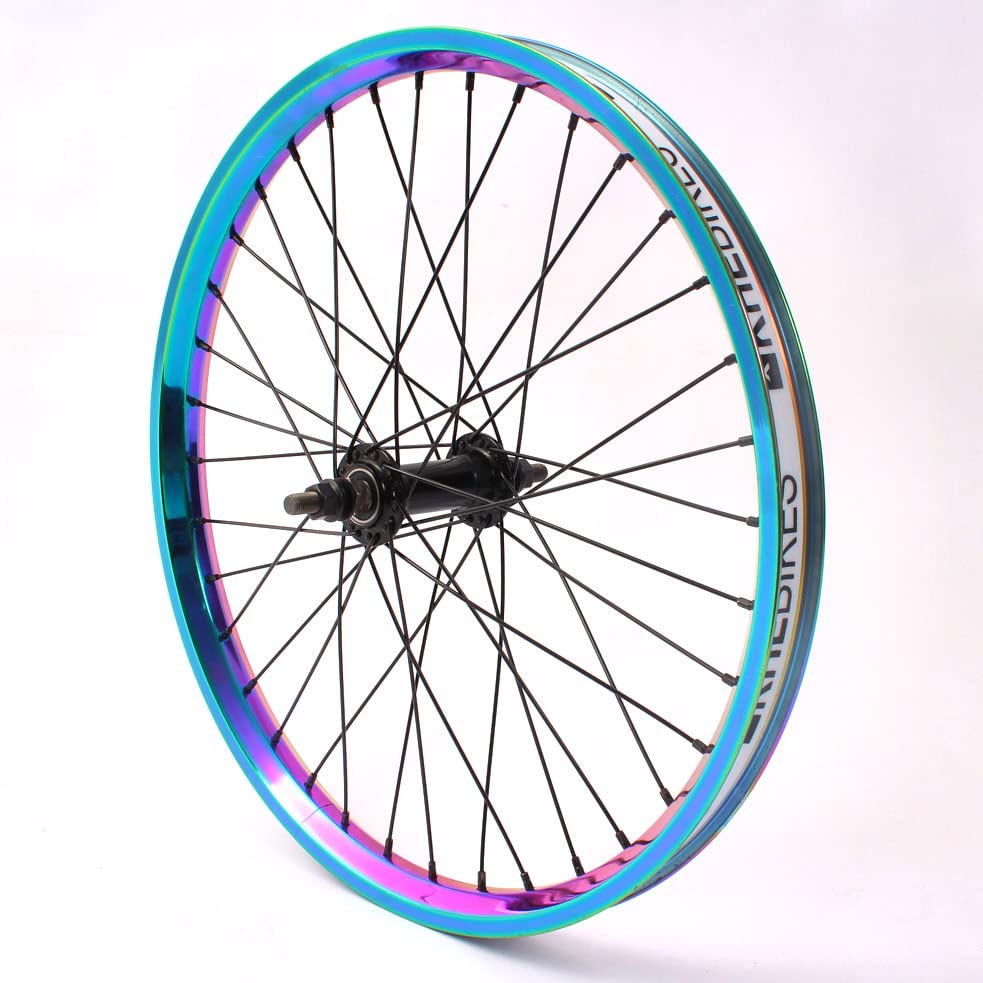Premium KHE BMX Wheel Set - Oil Slick Aluminium Rim, MVP 36H, 14mm 9T Sprocket with Rim Tape - Perfect for BMX Racing, Street Riding & Freestyle Tricks