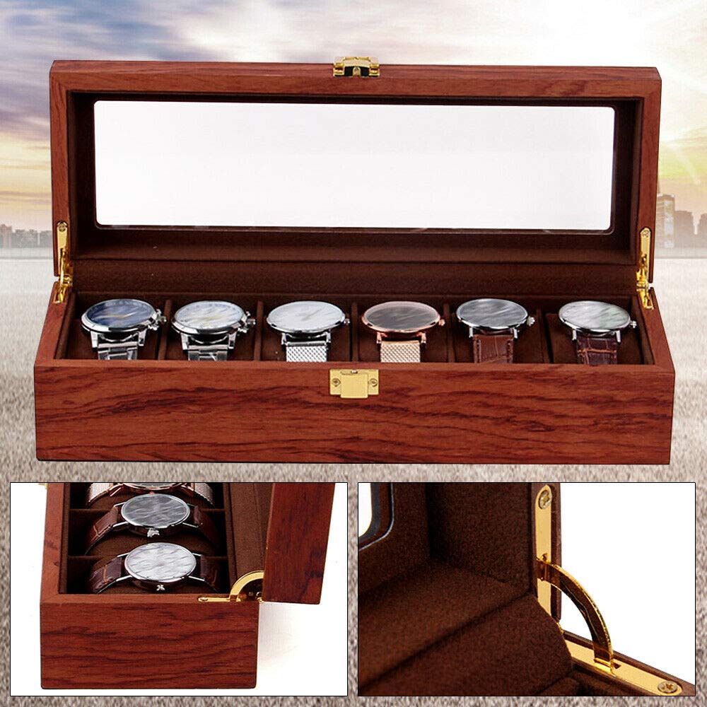Wooden Watch Box for Men - 6 Grids Rose Wood Grain Watch Organizer & Jewelry Storage for Travel & Display