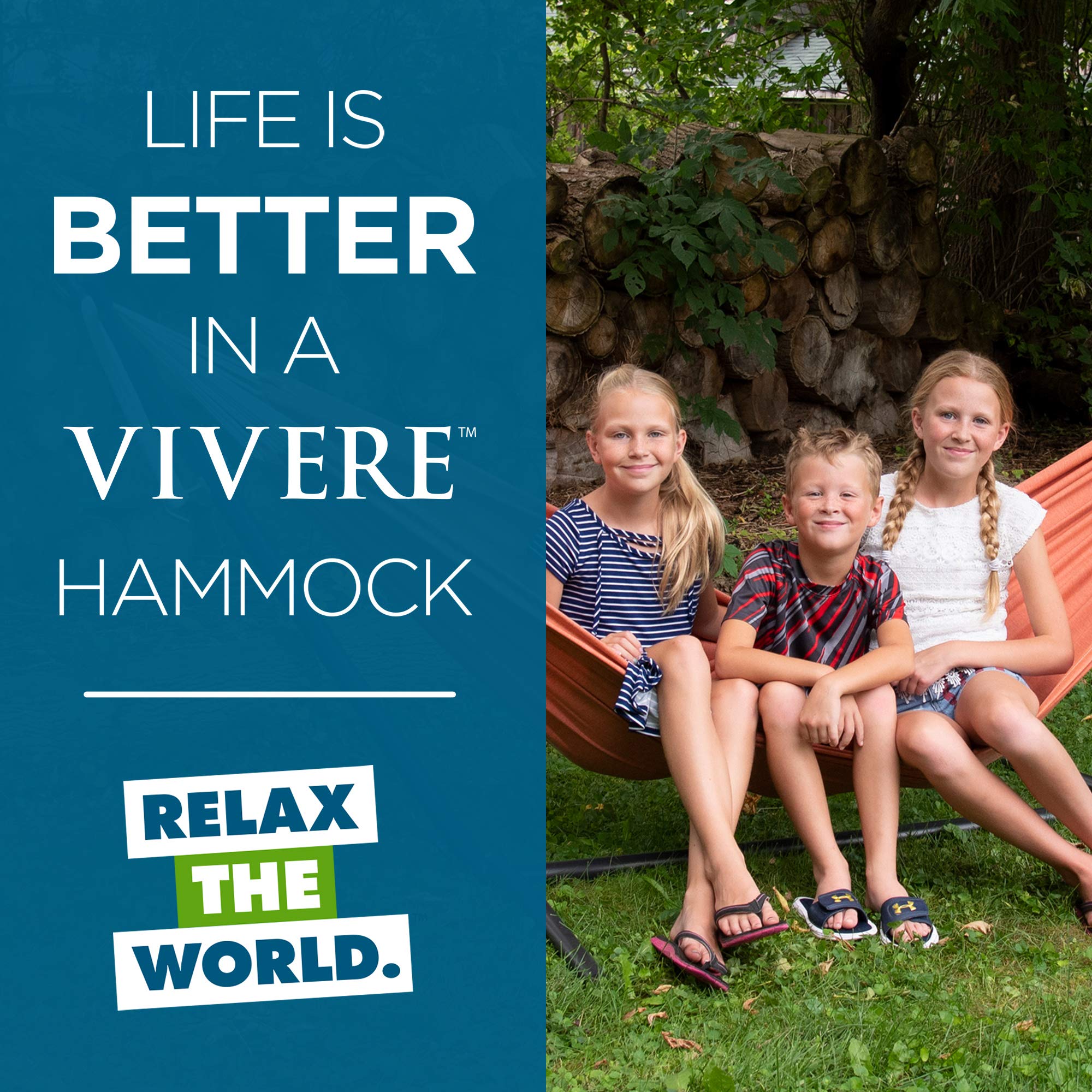 Vivere Double Hammock with Space-Saving Steel Stand - 450 lb Weight Capacity, Includes Premium Carry Bag (Coral) - Perfect for Backyard, Camping & Beach Relaxation