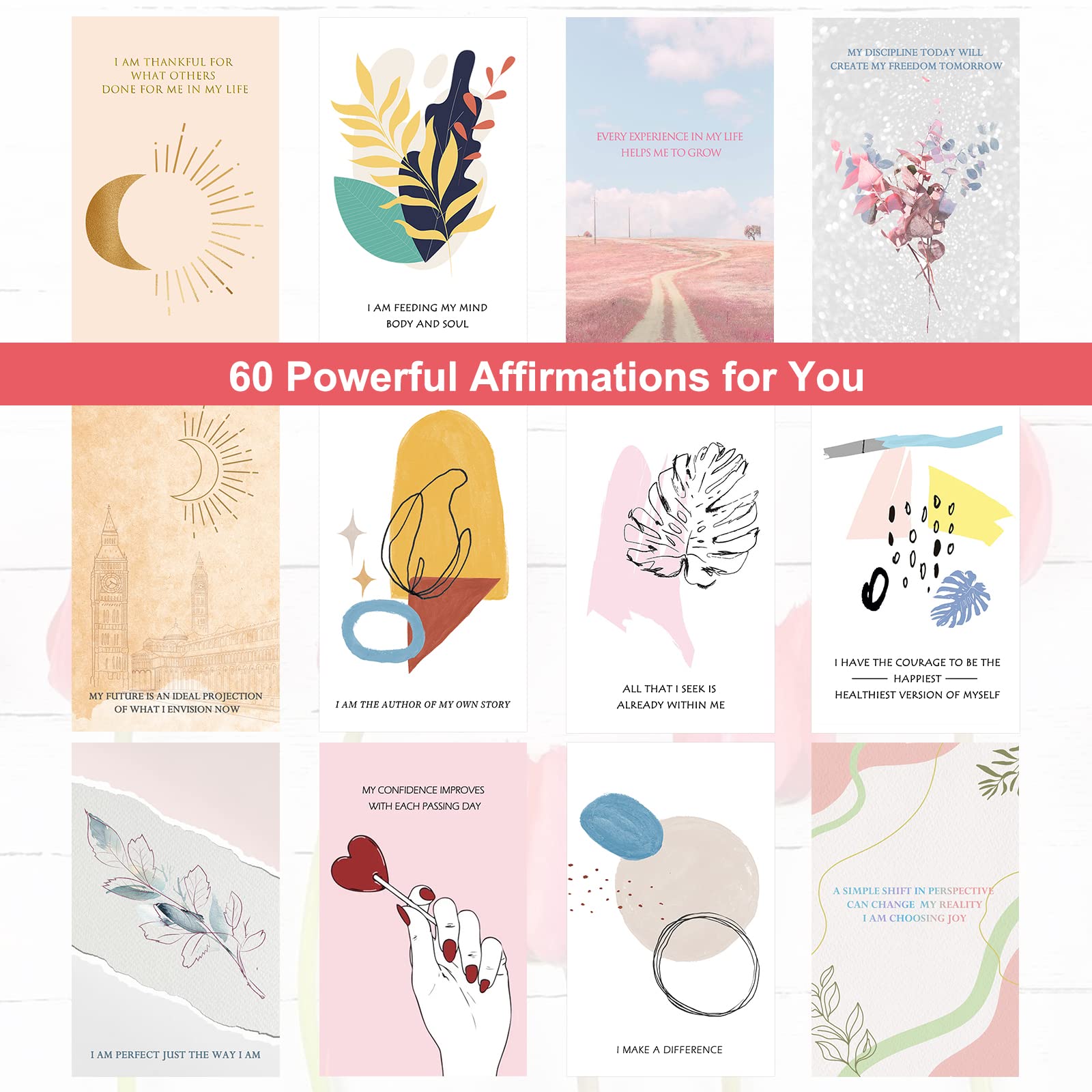 60 Pcs Inspirational Affirmation Cards for Women - Motivational Quote Cards, Positive Daily Affirmations, Mindfulness & Self-Care Gift, Meditation Encouragement Cards - Perfect for Yoga, Journaling & Personal Growth