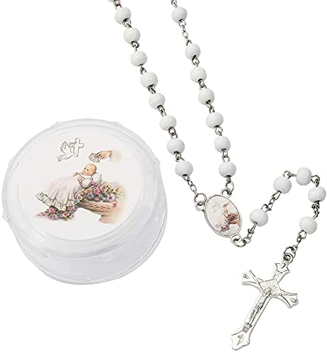 12Pcs White Scented Wood Rosary Baptism Favors - Angel Baby Gifts for First Communion & Baby Shower