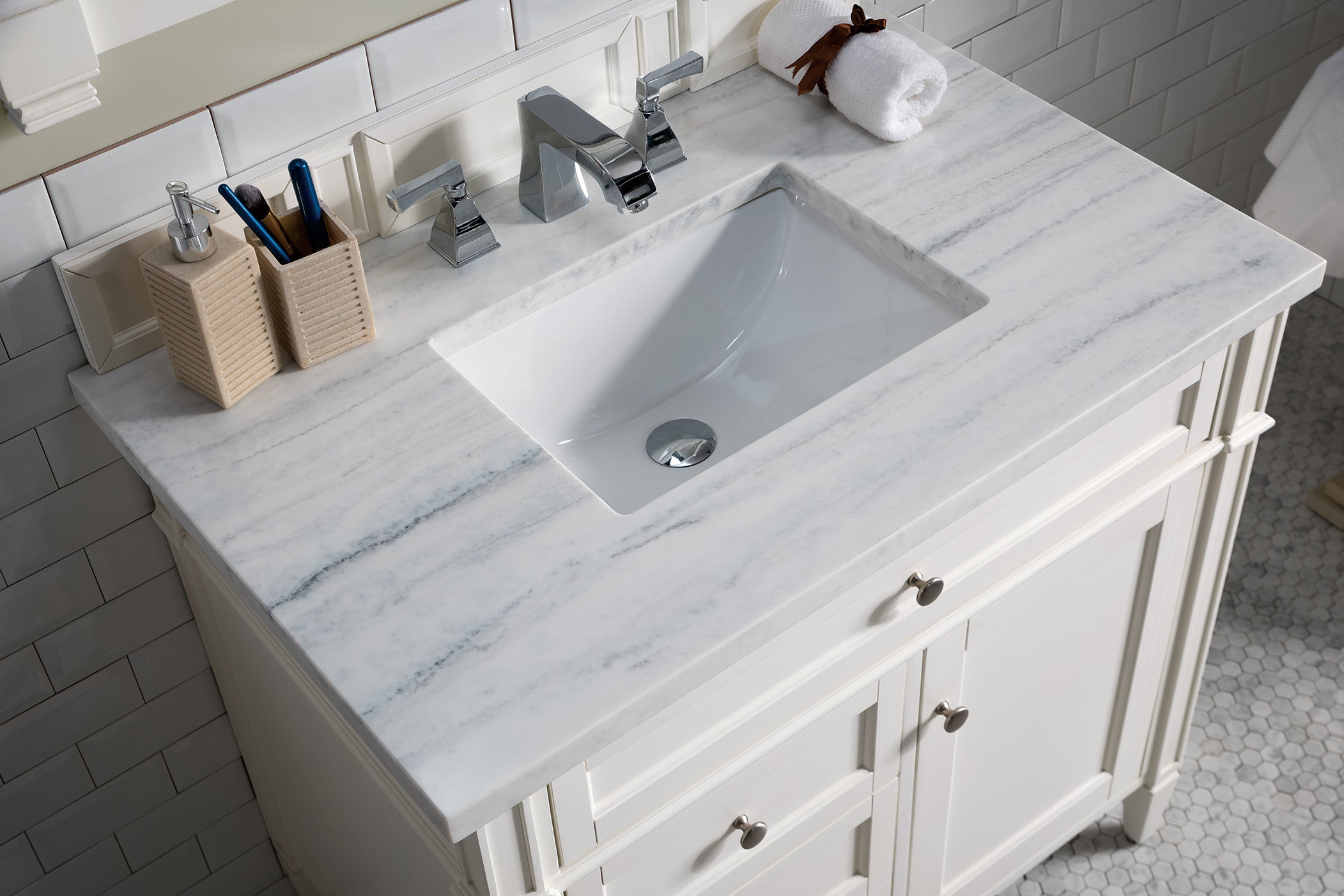 Brittany 36-Inch Bright White Bathroom Vanity with 3CM Arctic Fall Solid Surface Top - Perfect for Modern Master Bathrooms & Powder Rooms