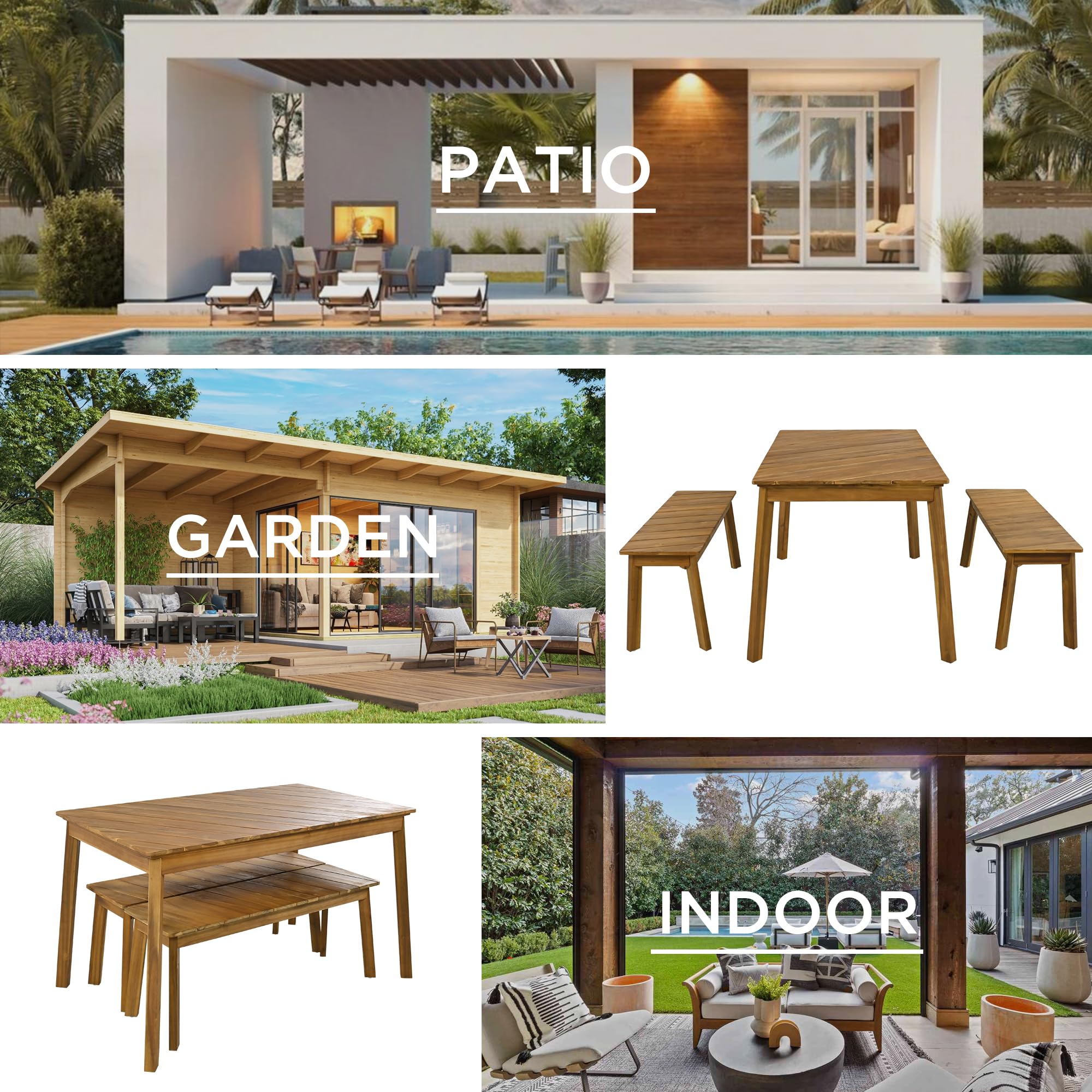 LZ LEISURE ZONE 3-Piece Acacia Wood Outdoor Dining Set with 2 Benches - Patio, Garden, Poolside & Indoor Furniture - Perfect for Backyard BBQ, Picnics & Outdoor Entertaining