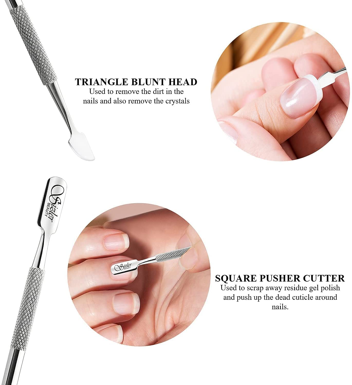 Premium Stainless Steel Dual Head Cuticle Pusher & Nail Art Tool - Double-Ended Manicure Instrument for UV Gel Polish Removal & Cuticle Trimming by Sizler Beauty | Perfect for Salon Professionals & At-Home Nail Care