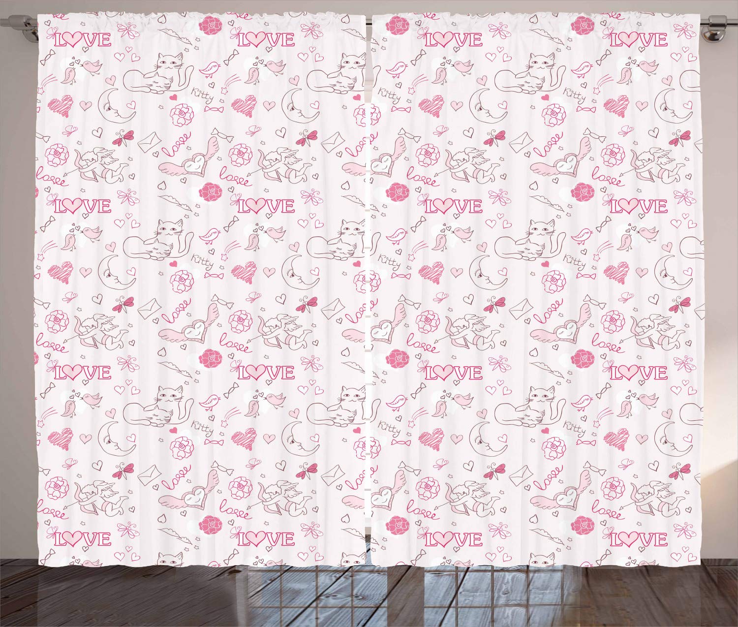 Ambesonne Romantic Love Curtains - Hand Drawn Kissing Birds, Eros Flowers & Dragonfly Cat Design - 2 Panel Window Drapes 108