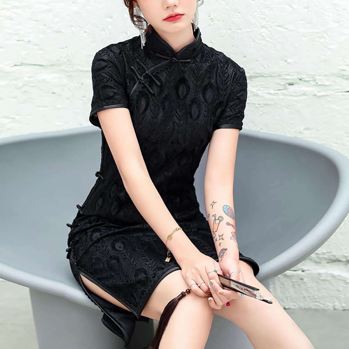Elegant Floral Lace Cheongsam Qipao Dress for Women - Short Sleeve Mandarin Collar Midi Sheath Dress - Perfect for Weddings, Parties & Special Occasions