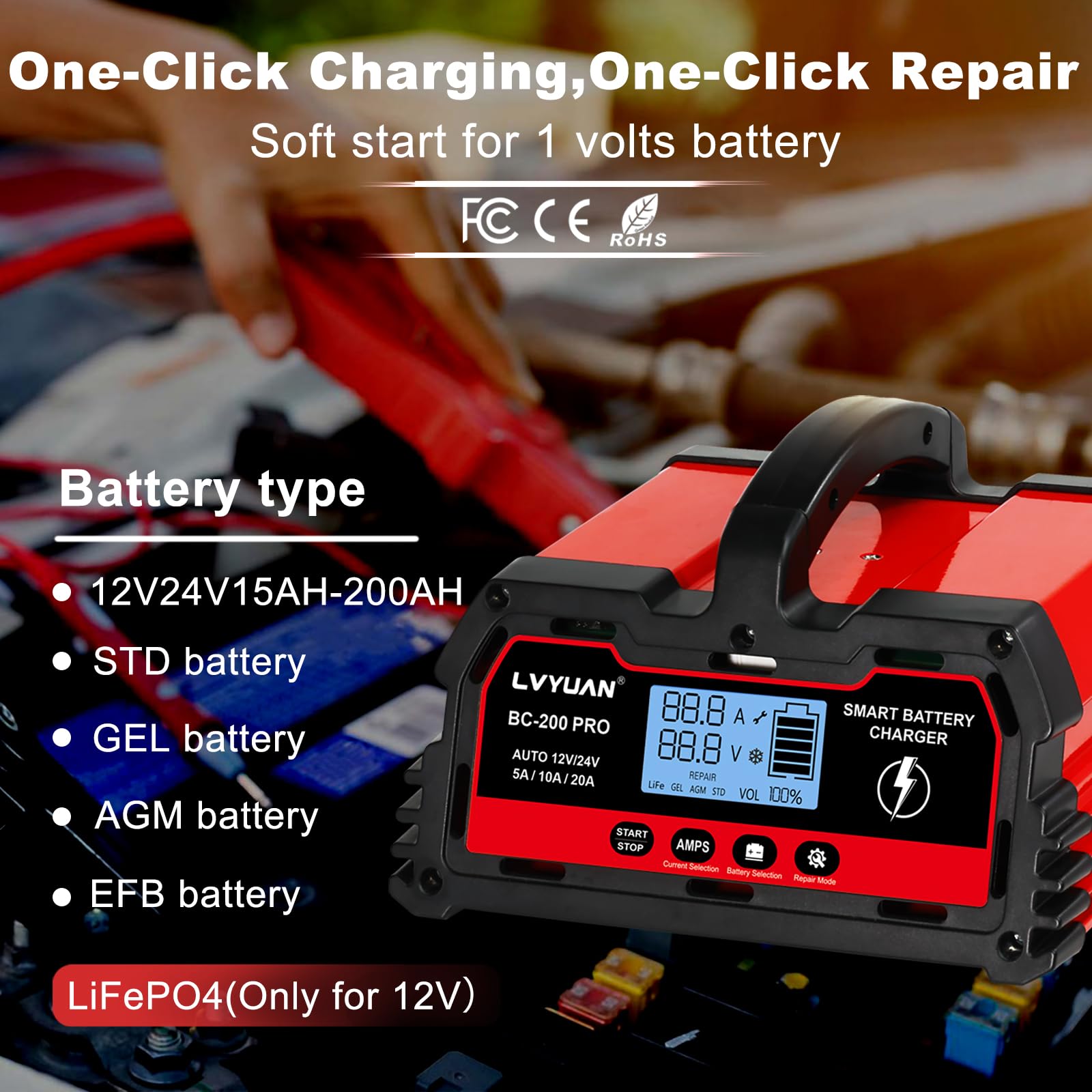 LVYUAN 12V/24V Smart Car Battery Charger & Maintainer - 5A/10A/20A Automotive Charger for AGM, LiFePO4 Lithium & Lead Acid Batteries - Perfect for Cars, Trucks, Motorcycles, RVs & Seasonal Vehicle Storage