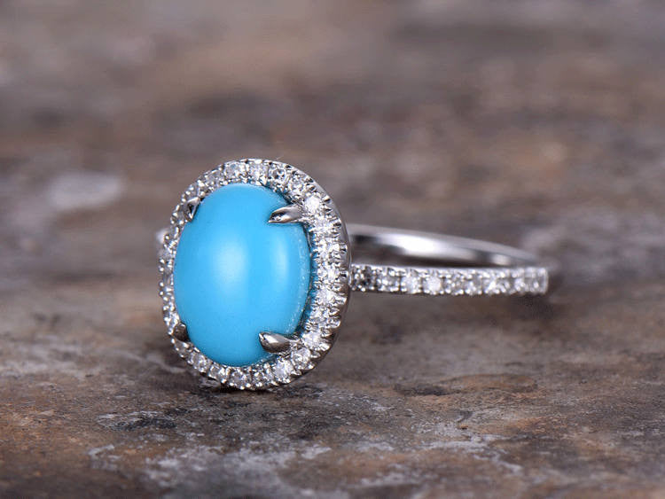6x8mm Oval Cut Turquoise Engagement Ring - 925 Sterling Silver White Gold Plated Art Deco Wedding Band for Women, Halo Bridal Jewelry, Perfect for Proposals, Anniversaries & Special Occasions