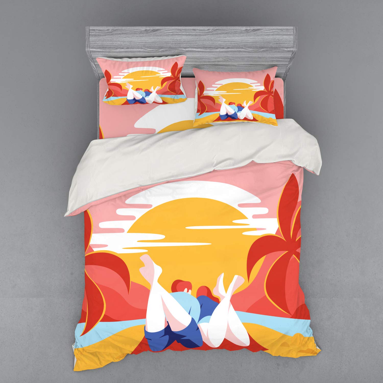 Ambesonne Beach Duvet Cover Set - Colorful Summer Romance Cartoon Design with Young Couple, Palm Trees & Ocean - 4 Piece Queen Size Bedding Set with Shams & Fitted Sheet - Perfect for Coastal Bedrooms, Vacation Homes & Summer Decor