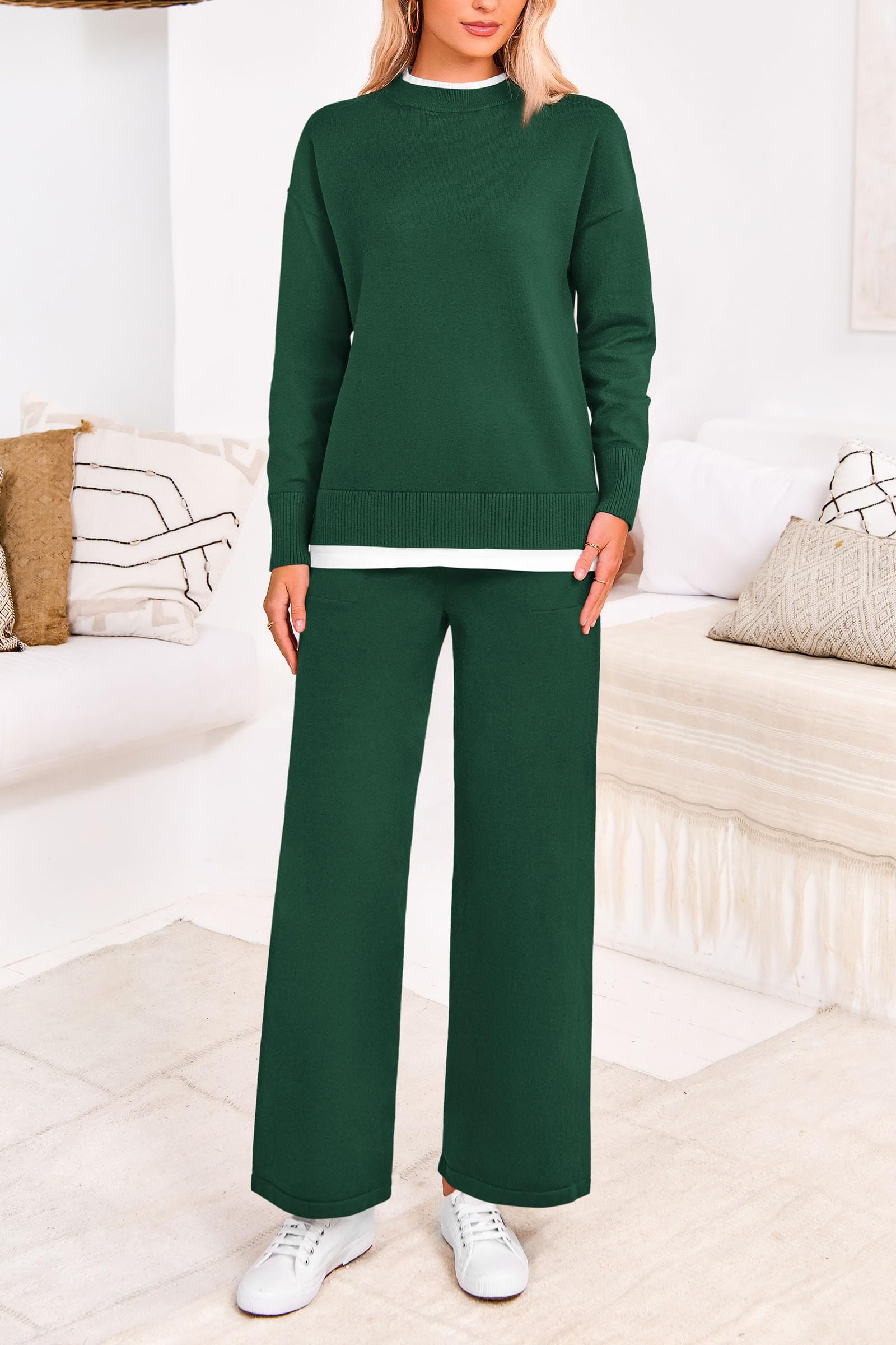 PRETTYGARDEN Women's Winter Knit Sweater & Wide Leg Pants Lounge Set - Cozy Two Piece Matching Outfit with Long Sleeve Pullover Top for Home, Travel & Casual Wear