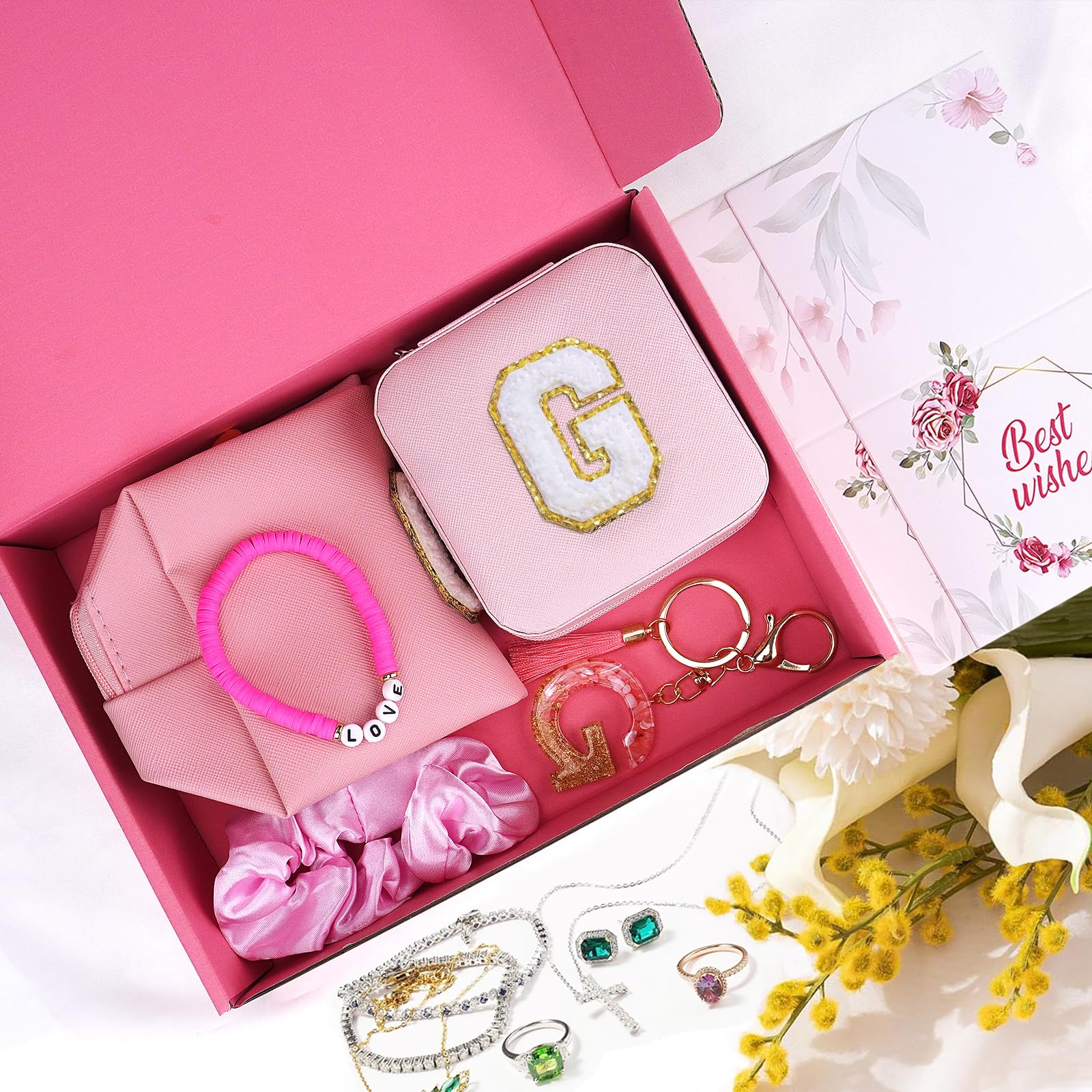 8PCS Personalized Initial Gifts for Women - Monogrammed Makeup Bag, Travel Jewelry Box & Letter Keychain Set - Perfect Birthday Gifts for Wife, Bridesmaids & Teen Girls - Ideal for Travel, Weddings & Special Occasions