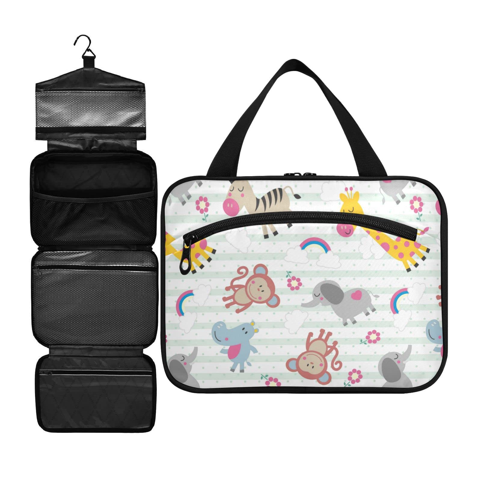 ZZKKO Travel Toiletry Bag for Women - Waterproof Hanging Makeup Cosmetic Organizer with Striped Animal Print, Medium Multicolor - Perfect for Vacation, Gym, Camping & Business Trips