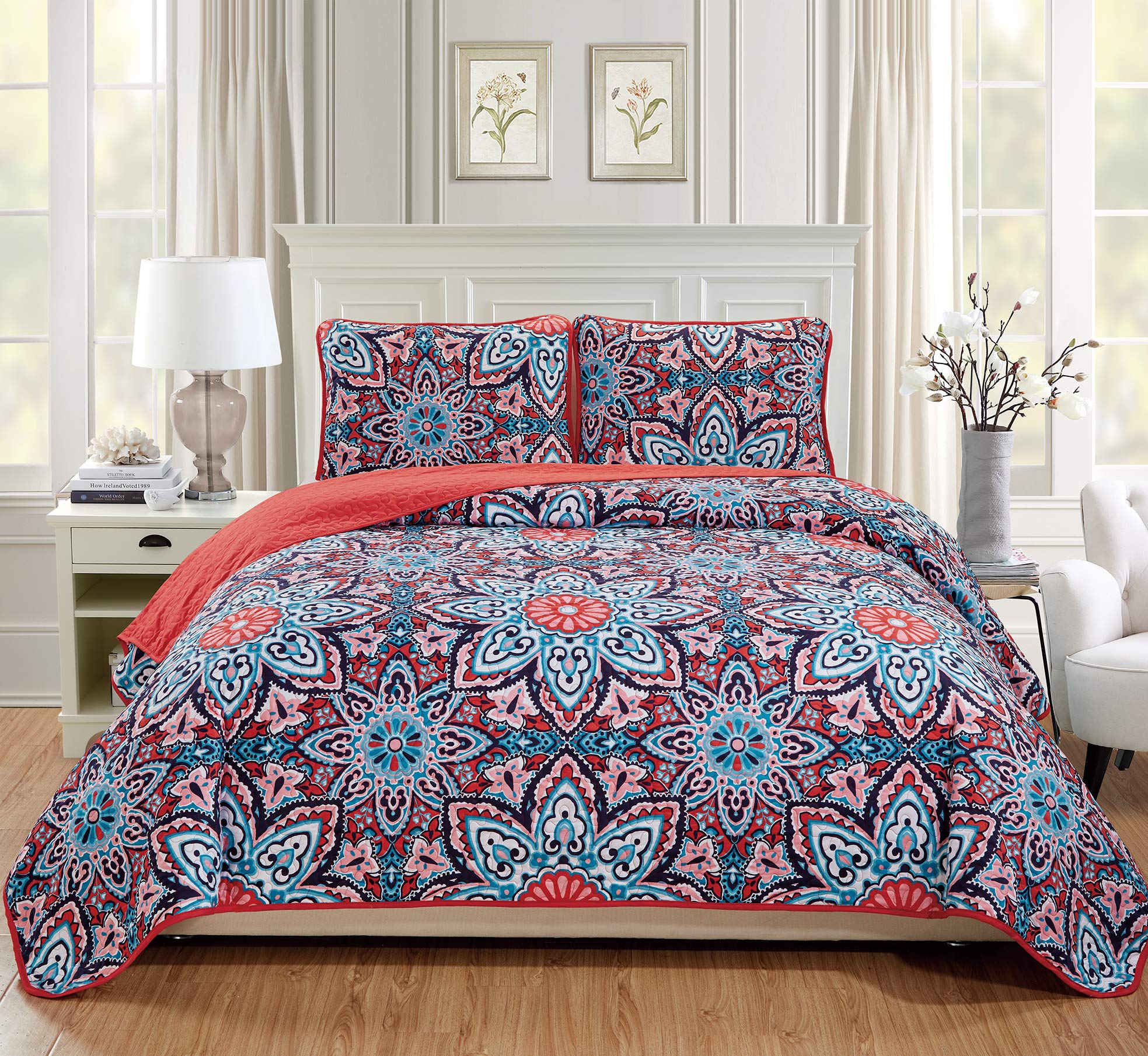 Premium Oversized Linen Quilted Bedspread - Floral Design (Orange, Full/Queen Size) - Soft & Breathable Bed Cover for Master Bedroom, Guest Room, or Dorm Decor
