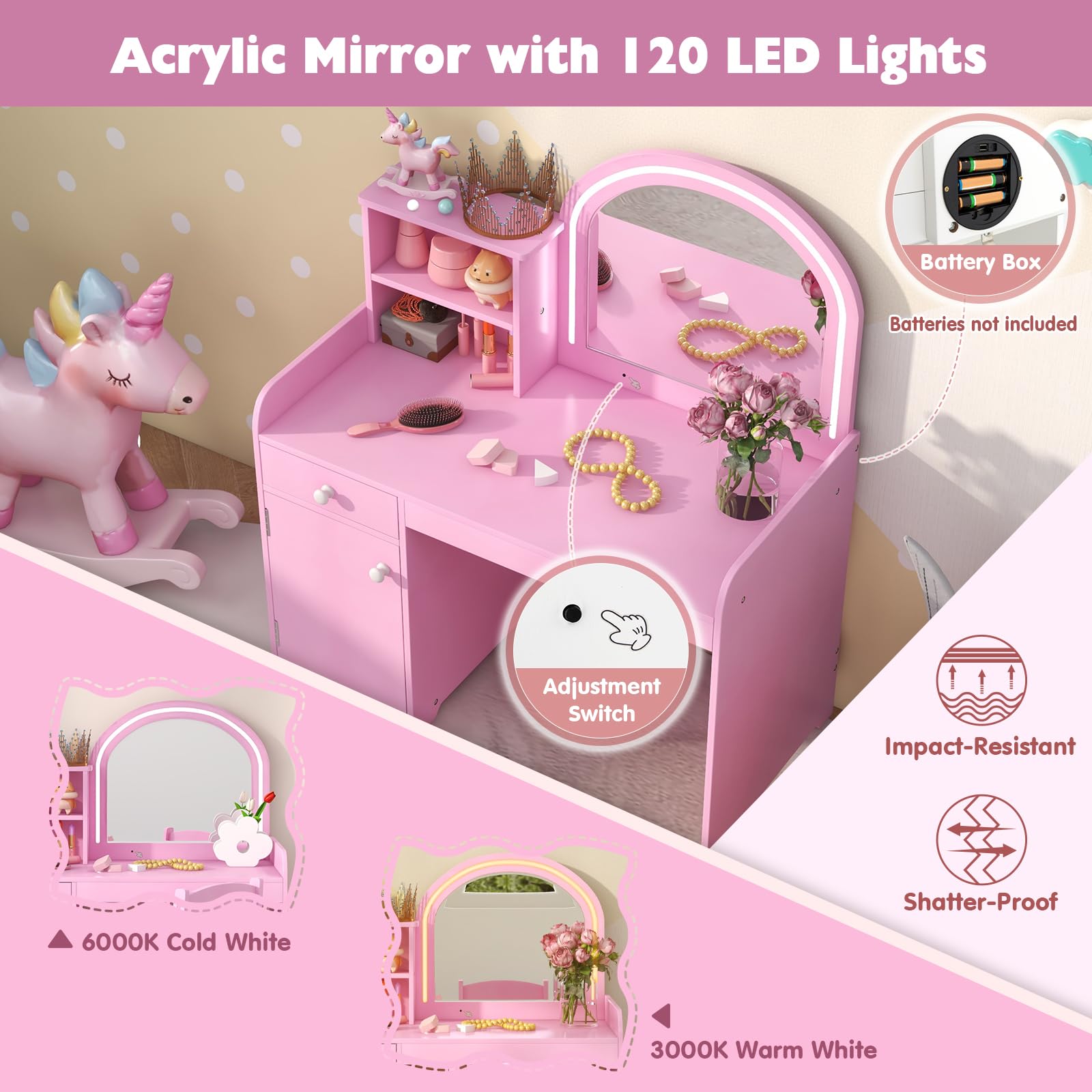 GOFLAME Kids Vanity Set with Lighted Mirror - Toddler Makeup Dressing Table & Chair Set with Shelves, Drawer & Cabinet - Pretend Play Vanity with 2-Color LED Lights - Perfect for Princess Themed Bedroom & Birthday Gifts (Pink)