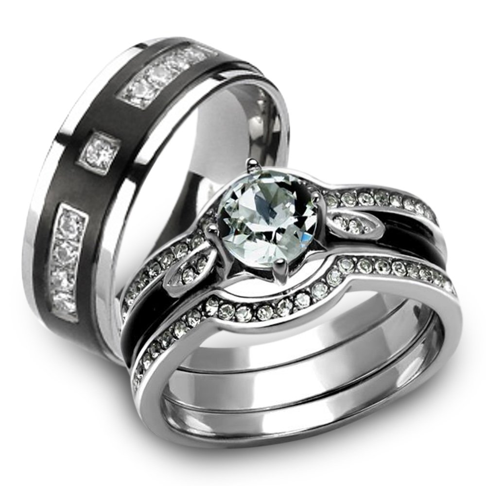 His & Her Wedding Ring Set - 4-Piece Stainless Steel & Titanium Bands for Couples