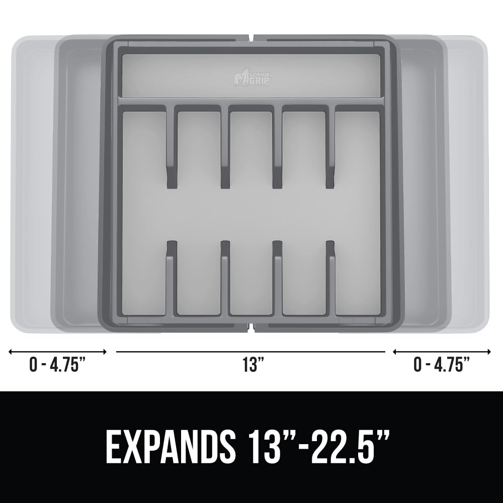 Gorilla Grip Expandable Silverware Organizer for Kitchen Drawers - BPA-Free Adjustable Cutlery Holder with Non-Slip Rubber Lining & Grip Feet, Gray Utensil Drawer Tray for Flatware Storage - Perfect for Home Kitchen Organization & Dining Utensil Management