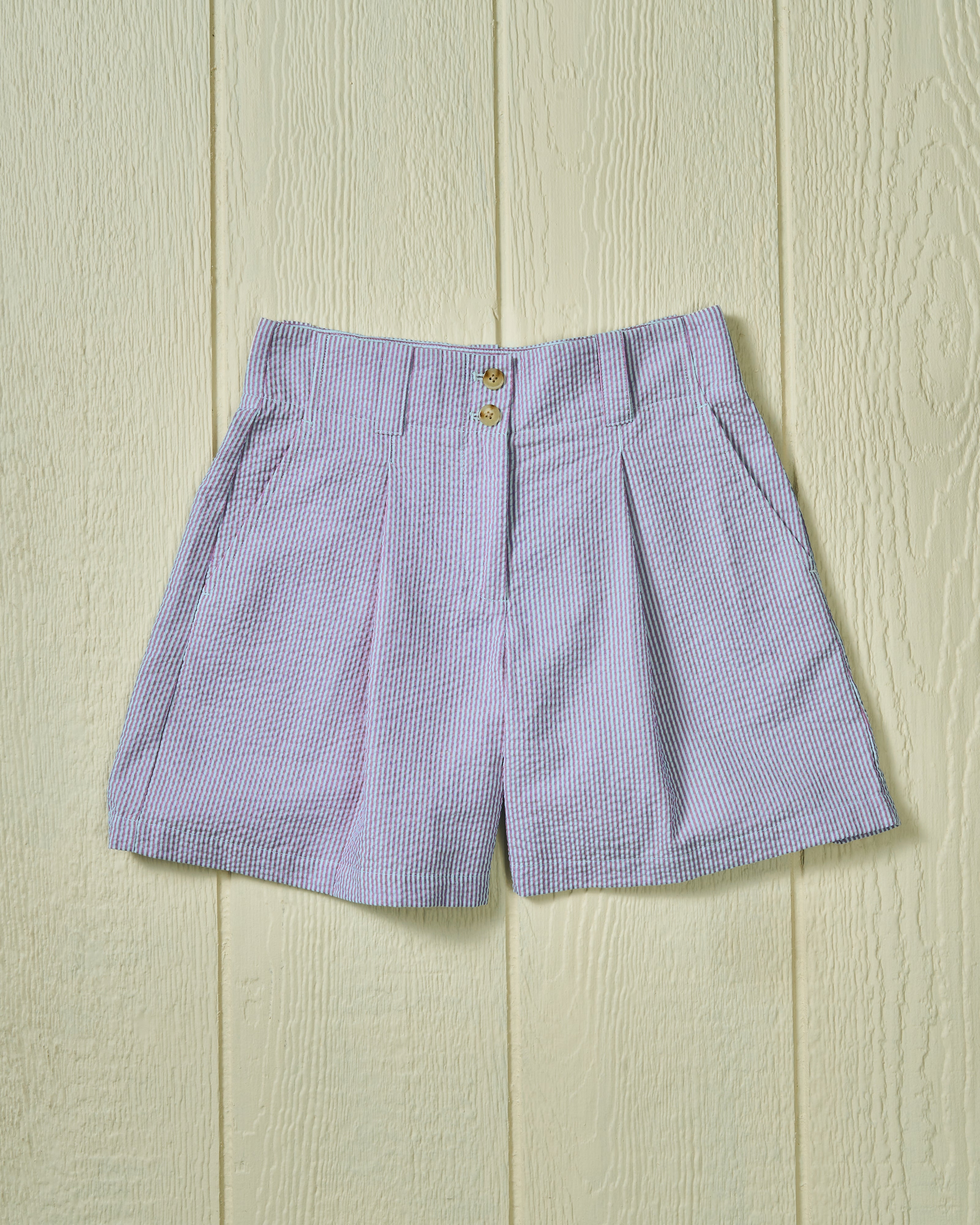 Women's Pleated Shorts - Overdyed Blue Seersucker High Waist Summer Shorts for Casual Outfits & Beach Vacations
