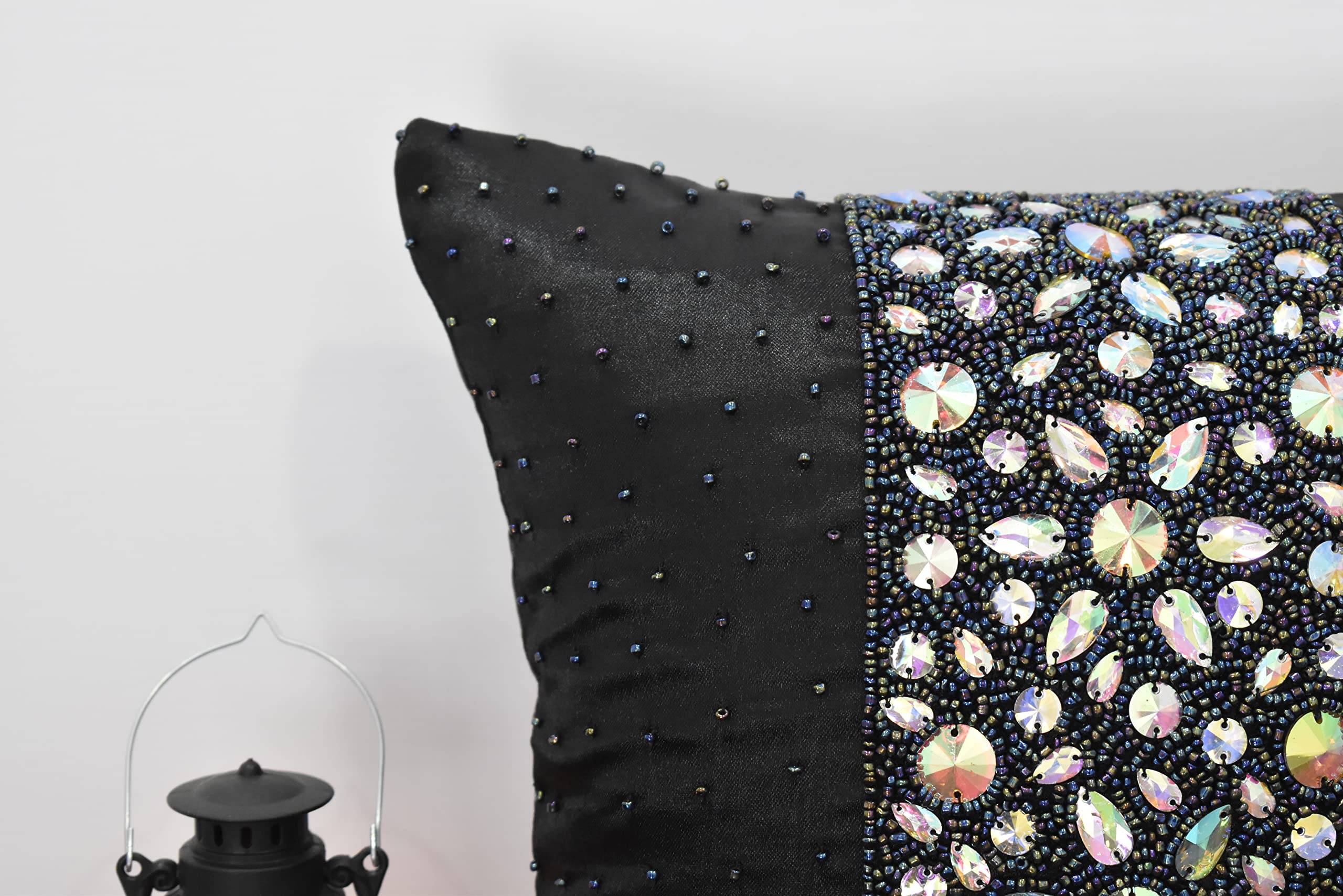 Luxury Black Rainbow Beaded Pillow Cover - Handmade Embroidered Decorative Throw Pillow Case - Modern Contemporary Embellished Design - Custom Personalized Home Decor (24x24 Inches) - Perfect for Sofa, Bed, Living Room & Nursery Decor