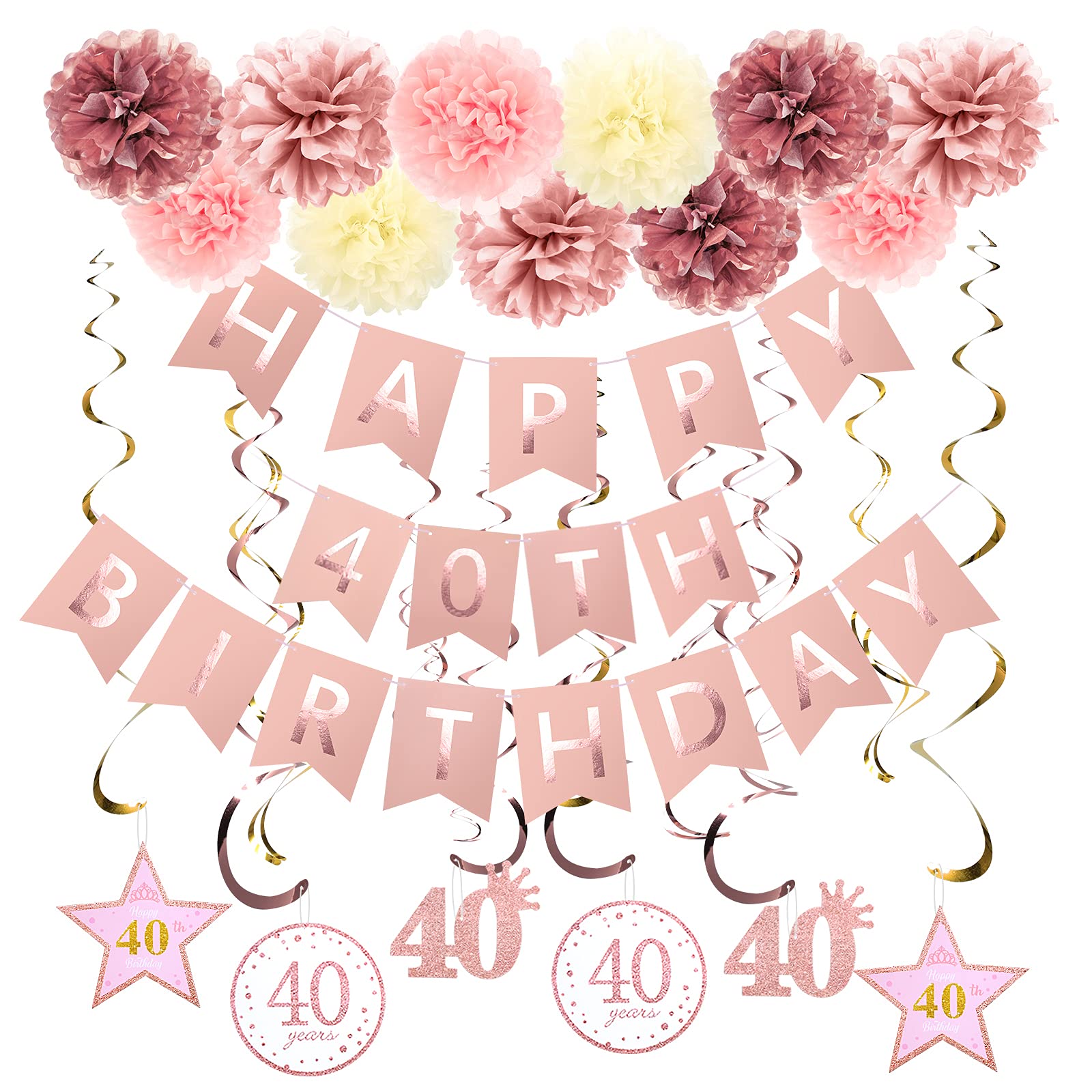 Rose Gold 40th Birthday Party Decorations Kit - Glittery Happy 40th Birthday Banner, Pom Poms & Sparkling Hanging Swirls for Women's Milestone Celebration - Perfect for Birthday Parties, Anniversaries & Special Events