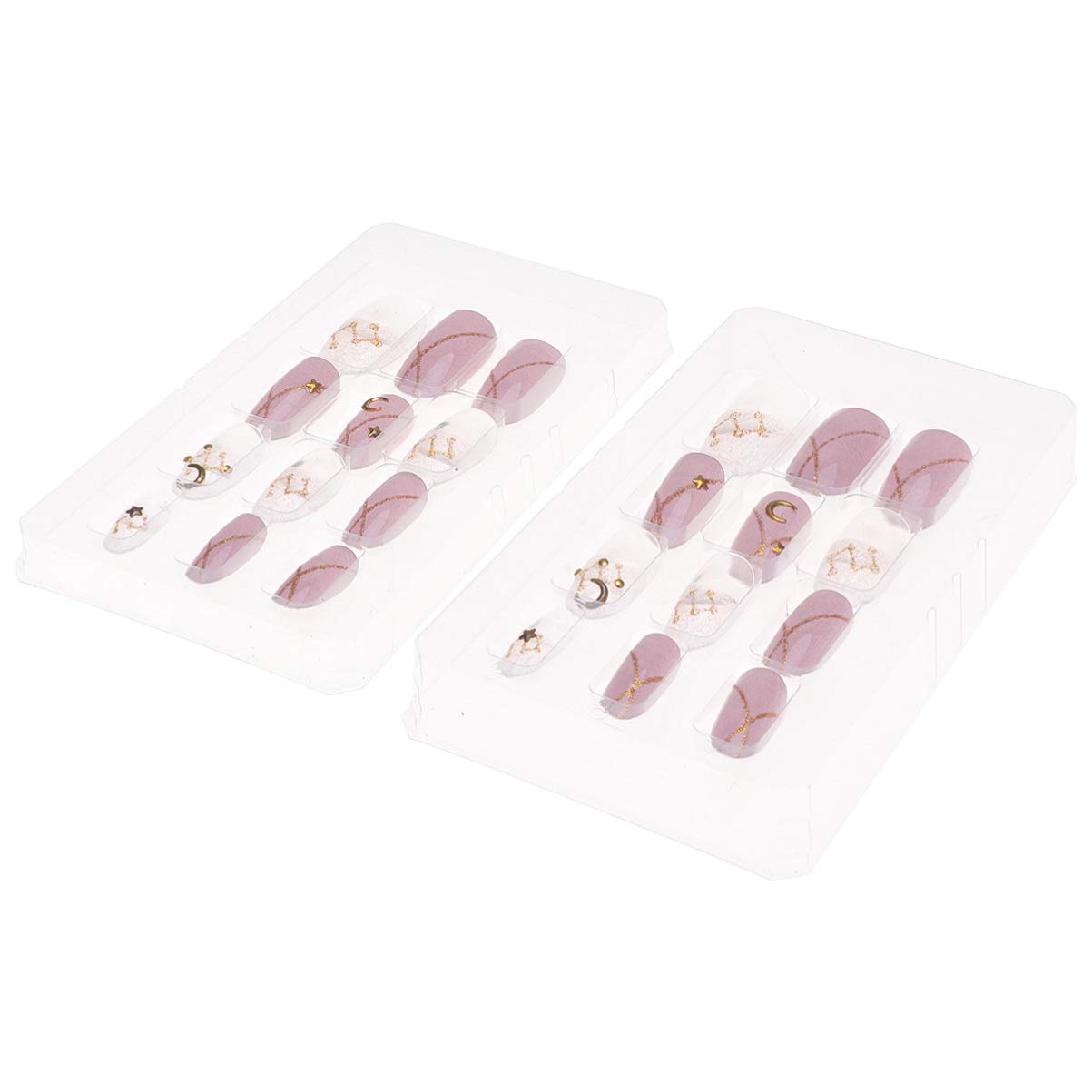 FRCOLOR 24Pcs Pink Glossy Full Cover Press On Nails - Glitter Fake Nails with Moon & Star Design for Wedding, Party, Prom & Special Occasions | Easy to Apply & Reusable Artificial Nails for Women & Girls