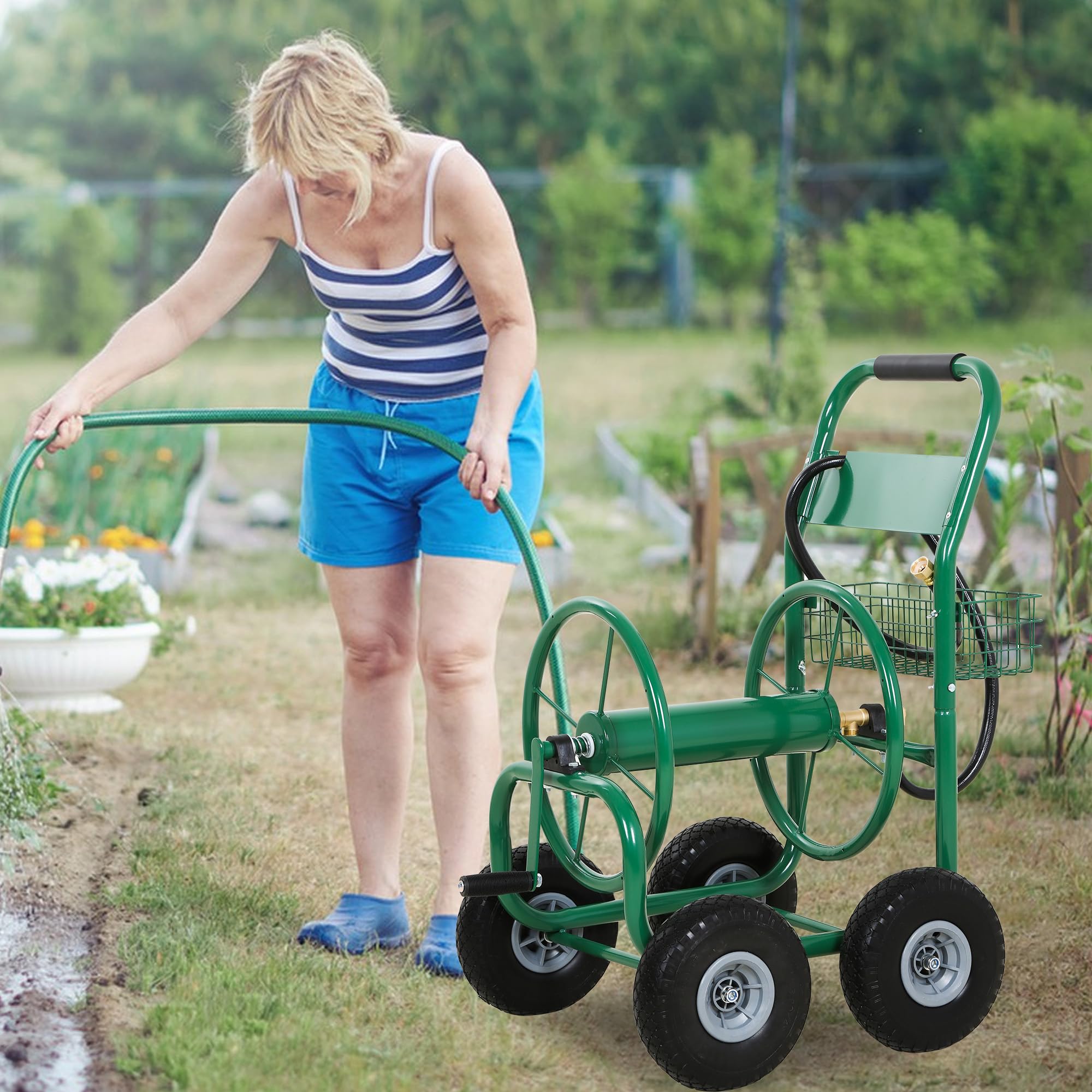 Heavy Duty 300ft Garden Hose Reel with Wheels & Basket - Perfect for Lawn & Yard Care