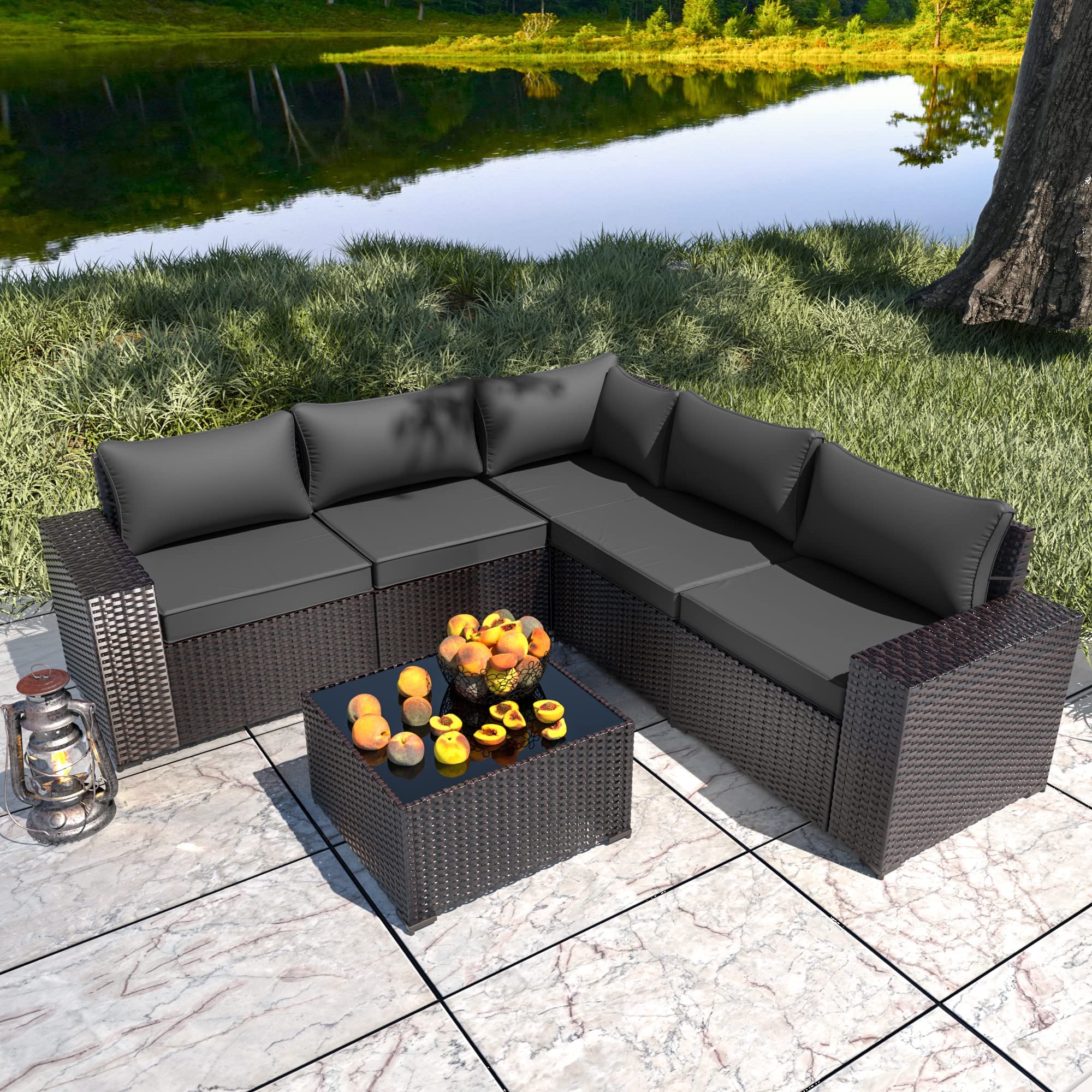 6-Piece Outdoor Patio Furniture Set - All-Weather PE Wicker Modular Sectional Sofa with Coffee Table & 5 Chairs (Grey) - Perfect for Backyard, Garden, Poolside & Deck Relaxation