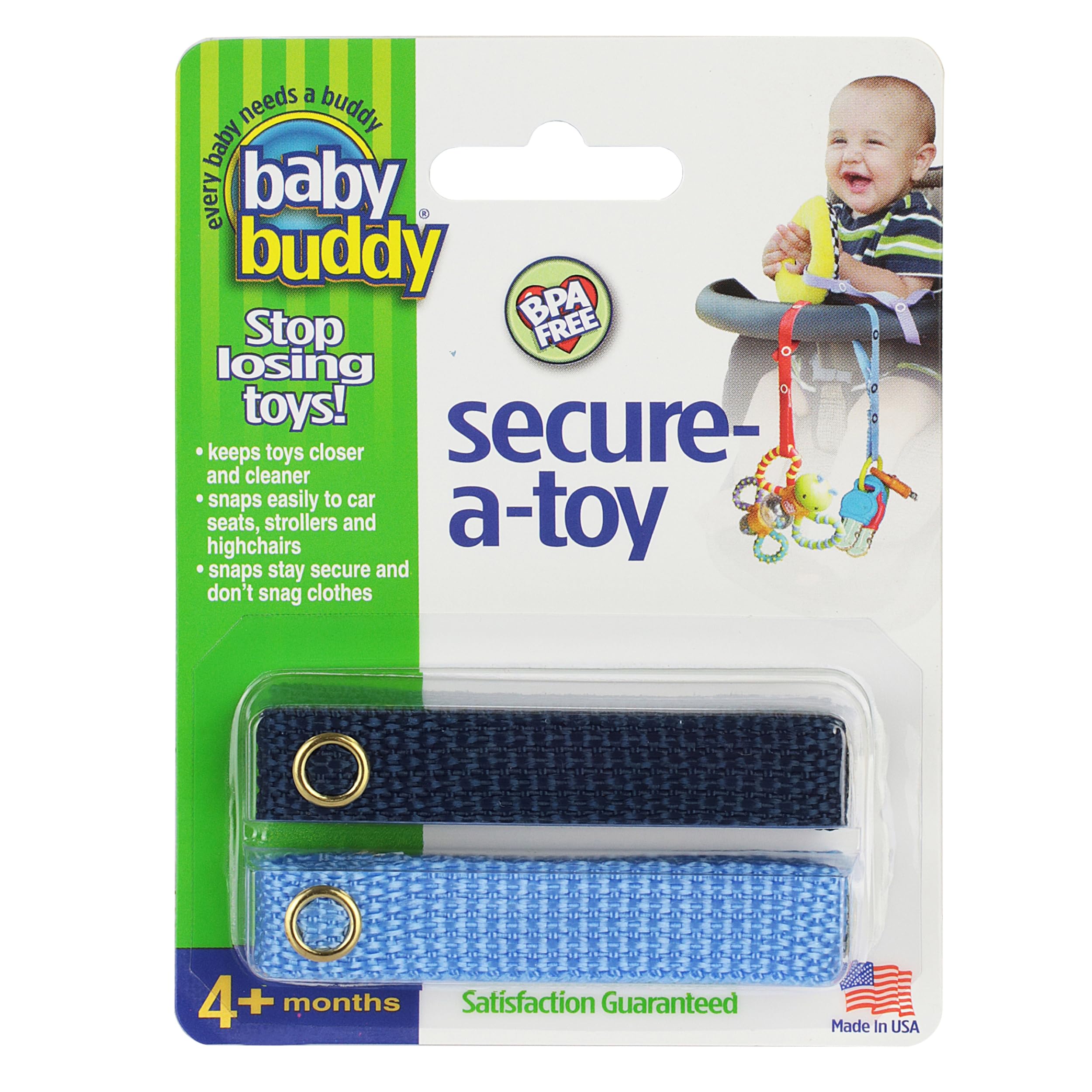 Baby Buddy Secure-a-Toy Strap - Adjustable Pacifier & Teether Holder for Stroller, Highchair, Car Seat - 2 Pack (Blue Navy) - Prevent Dropping Toys While Traveling