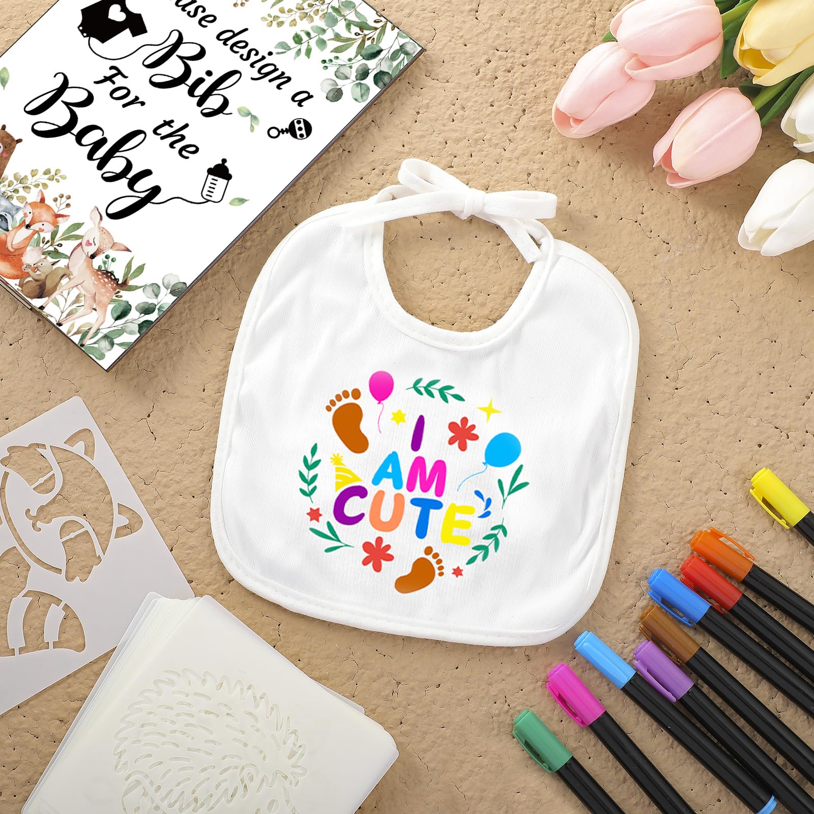 Newwiee 55-Piece White Baby Bib Set for Decorating - Plain Newborn Bibs with Wooden Sign - Perfect for Baby Shower Games, Nursery Decor & Gender Reveal Parties