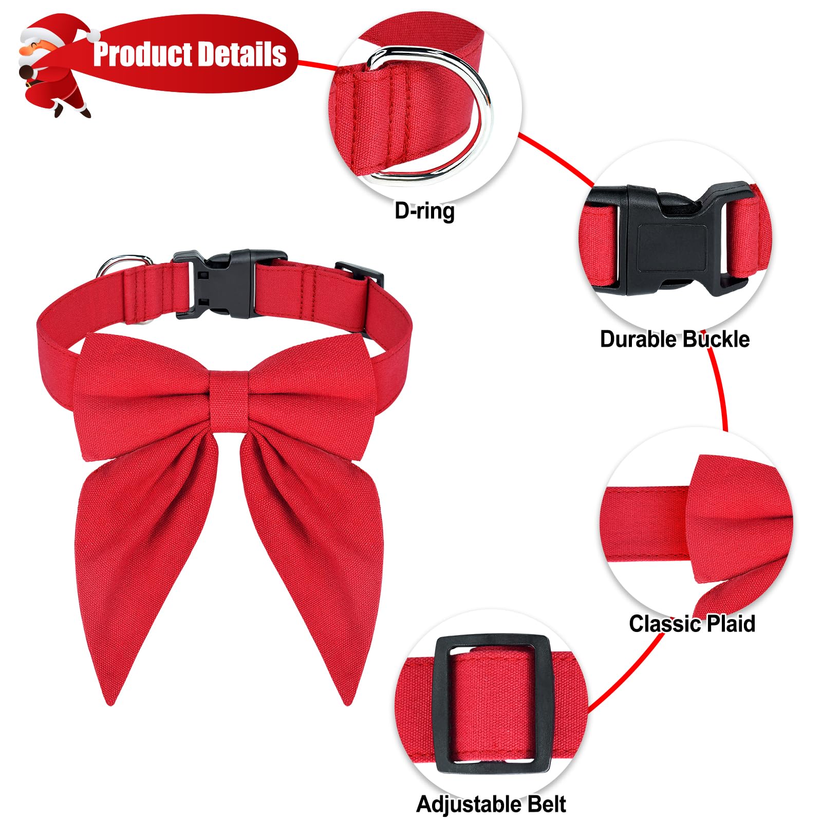 Malier Christmas Dog Collar with Bow Tie - Adjustable Holiday Pet Collar for Small Medium Large Dogs & Cats (Red, Large) | Perfect for Christmas Photos, Parties & Festive Pet Outfits