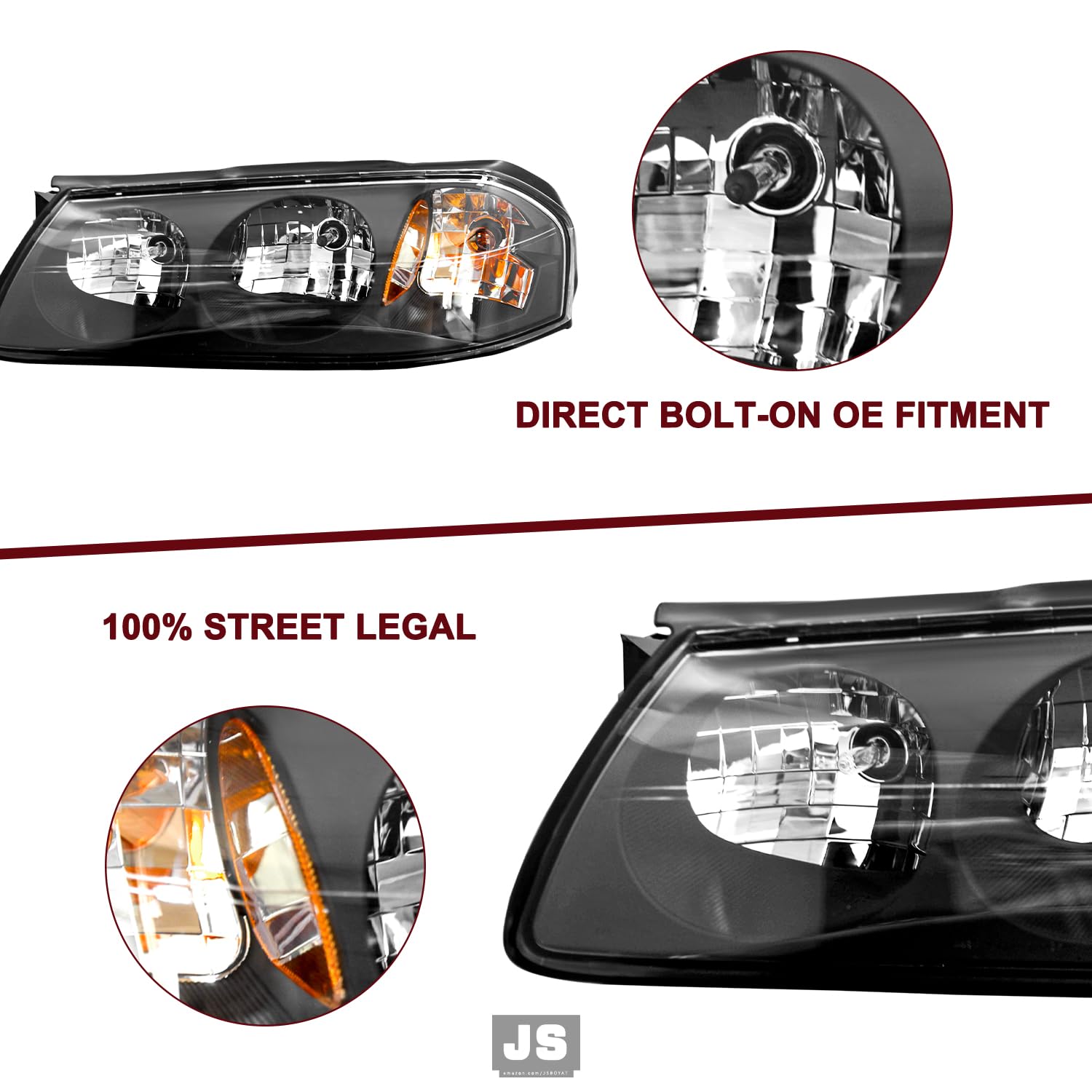 JSBOYAT Headlight Assembly Replacement for 2000-2005 Chevy Impala - Complete Set with All Bulbs Included - Black Housing & Amber Reflector - Driver & Passenger Side - Perfect for Night Driving & Auto Restoration Projects