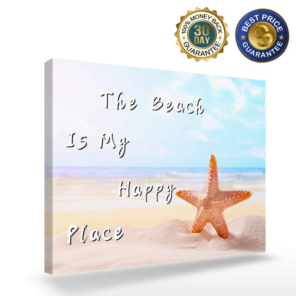 Large Canvas Wall Art 20x24 Inch - Beach Scenery Painting with Starfish, 'The Beach is My Happy Place' - Frameless Ocean Themed Decor for Living Room, Bedroom & Kitchen - Perfect for Coastal, Nautical or Vacation Home Decor
