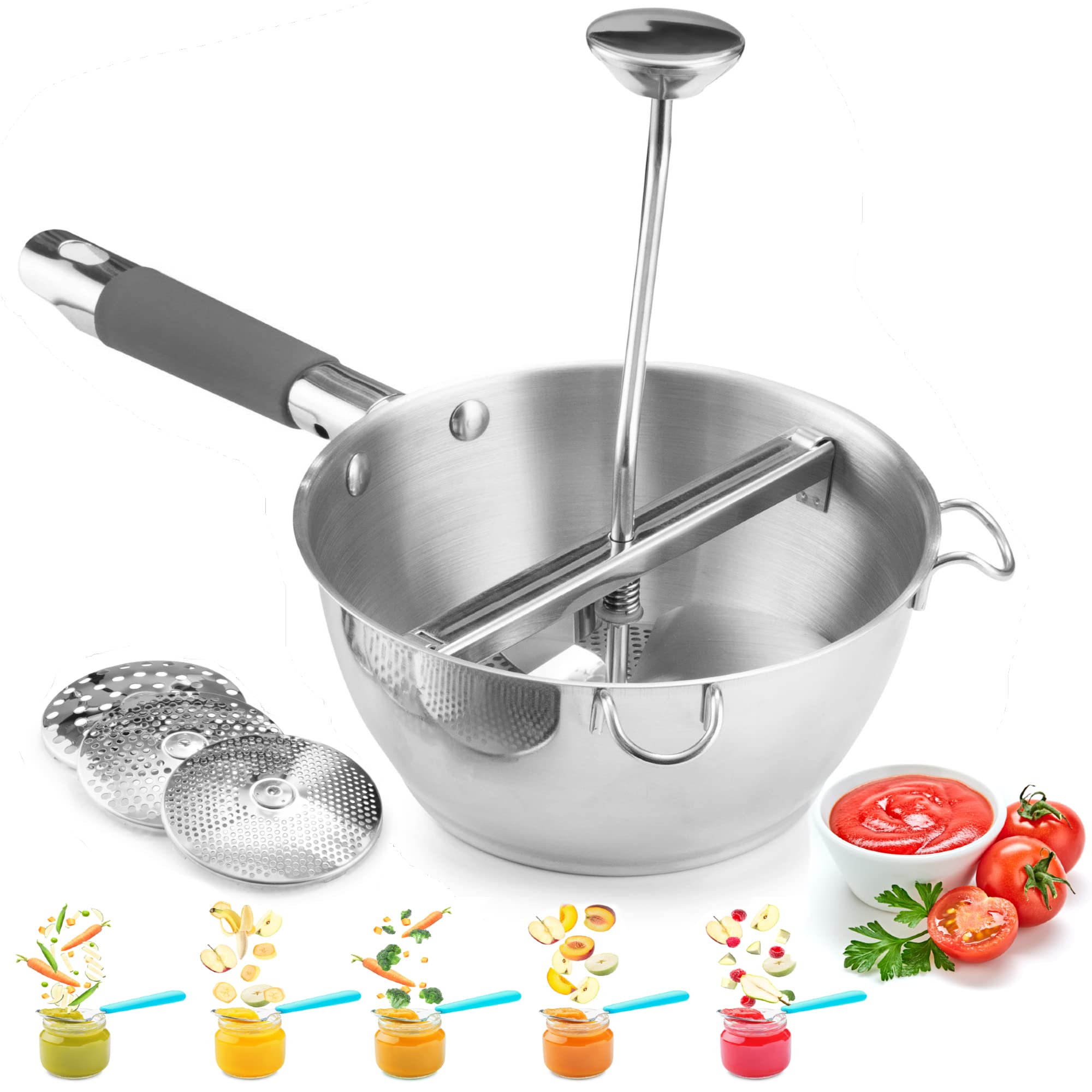 Stainless Steel Food Mill with 3 Grinder Discs - Hand Crank Potato Ricer for Mashed Potatoes, Baby Food & Grain Milling - Perfect for Straining, Mashing & Grating Fruits Vegetables - Kitchen Essential for Home Cooking & Meal Prep (Black) - Bezrat