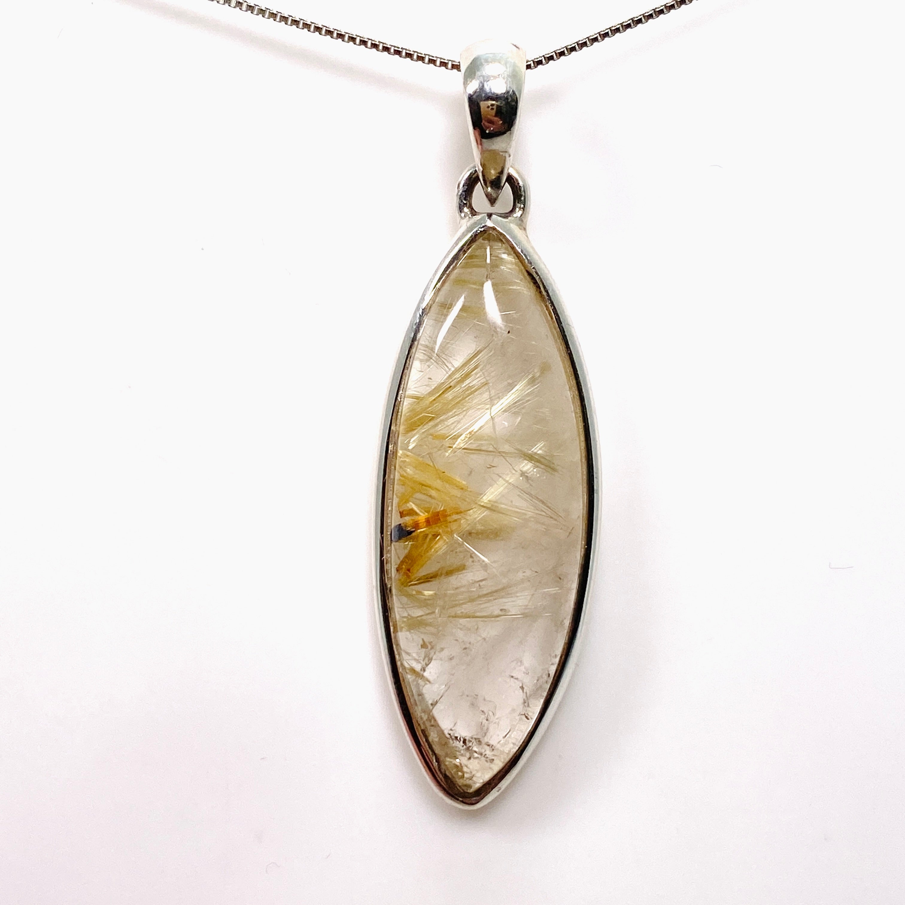 Natural Rutilated Quartz Marquise Cabochon Pendant Necklace - Handmade Jewelry for Women, Spiritual Healing & Energy Balance - Perfect for Meditation, Yoga & Gift Giving