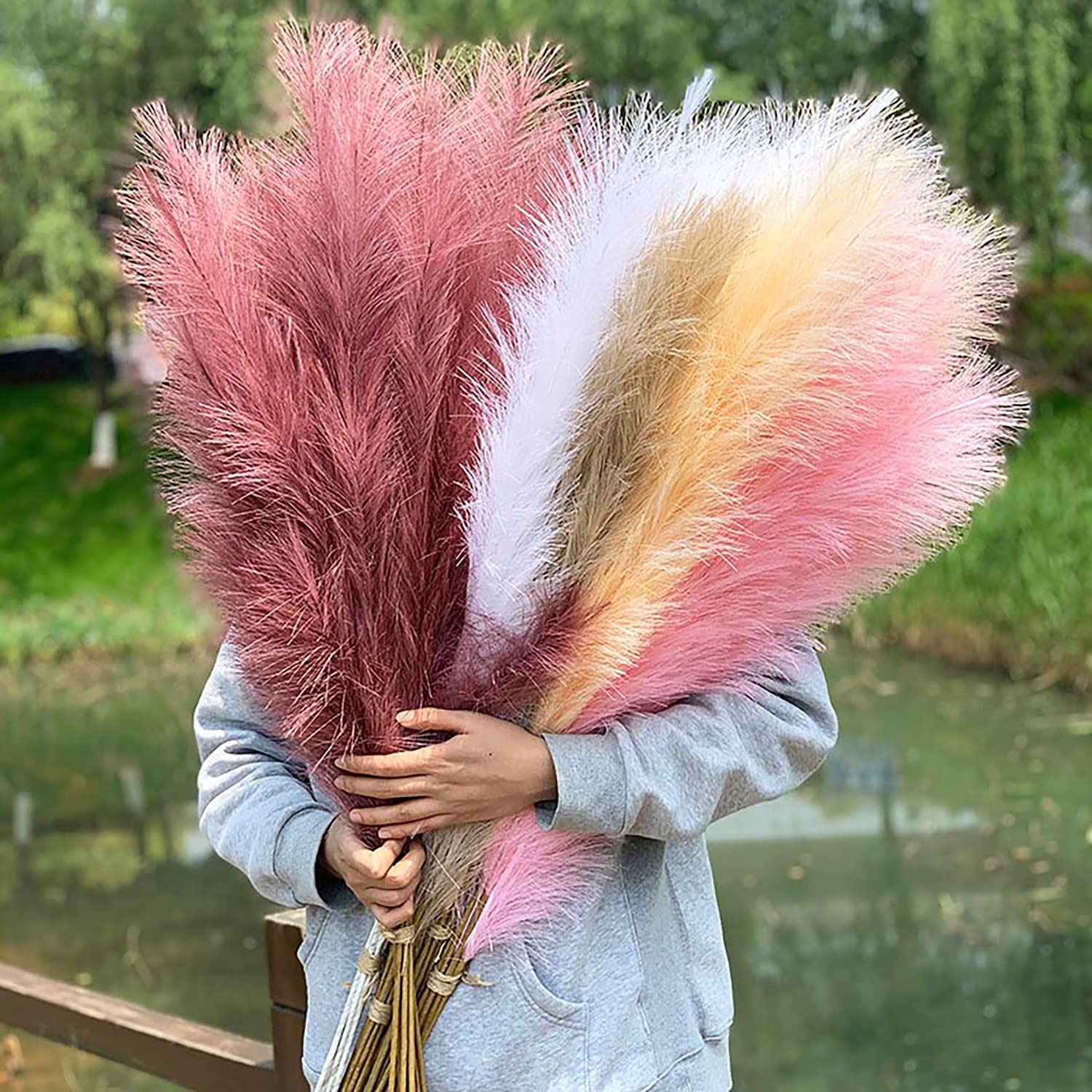 48 Inches (4 FT) Artificial Pampas Grass - 5 Large Stems with Bunny Tails, Tall Faux Dried Flowers for Floor Vase, Boho Wedding & Home Decor - Perfect for Living Room, Bedroom, or Wedding Centerpieces (Pink Reed)