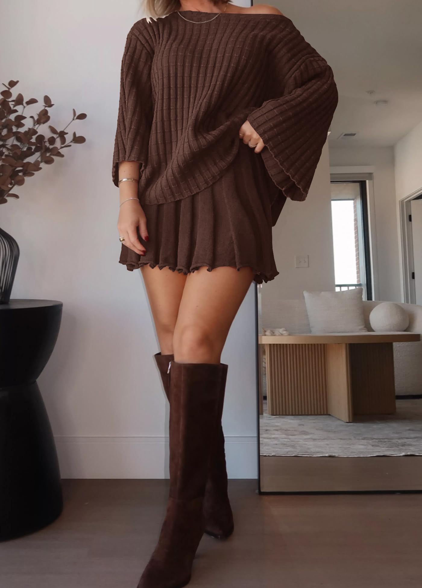 Yanekop Women's 2-Piece Sweater Skirt Set - Loose Matching Lounge Wear, Comfy Pajama Outfit with Long Sleeve Top & Skirt - Perfect for Home Relaxation, Casual Outings & Cozy Winter Days