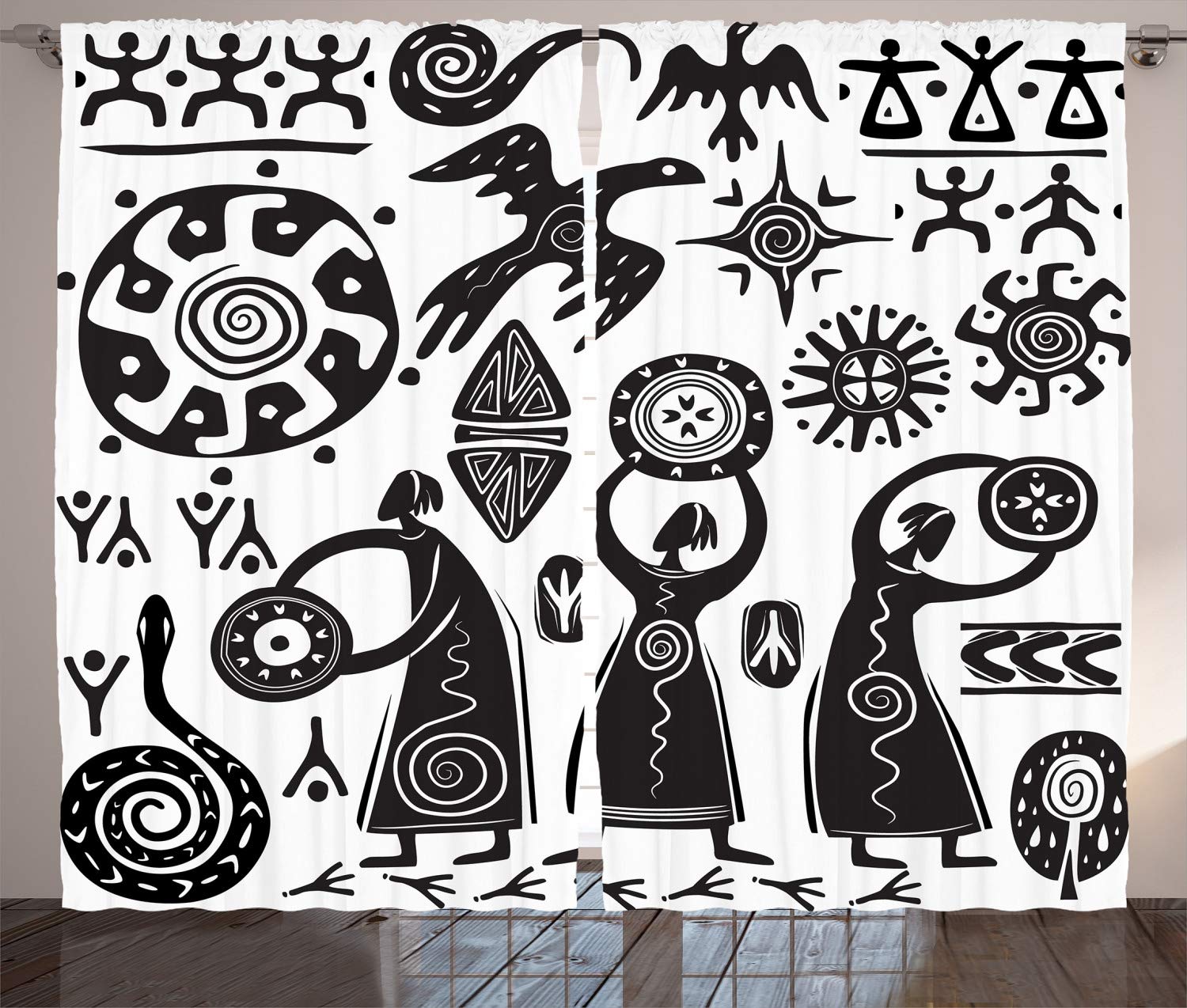 Ambesonne Prehistoric Tribal Folk Curtains - Black and White Shaman Eagle Sun Snake Cave Drawing Design, 2 Panel Set 108