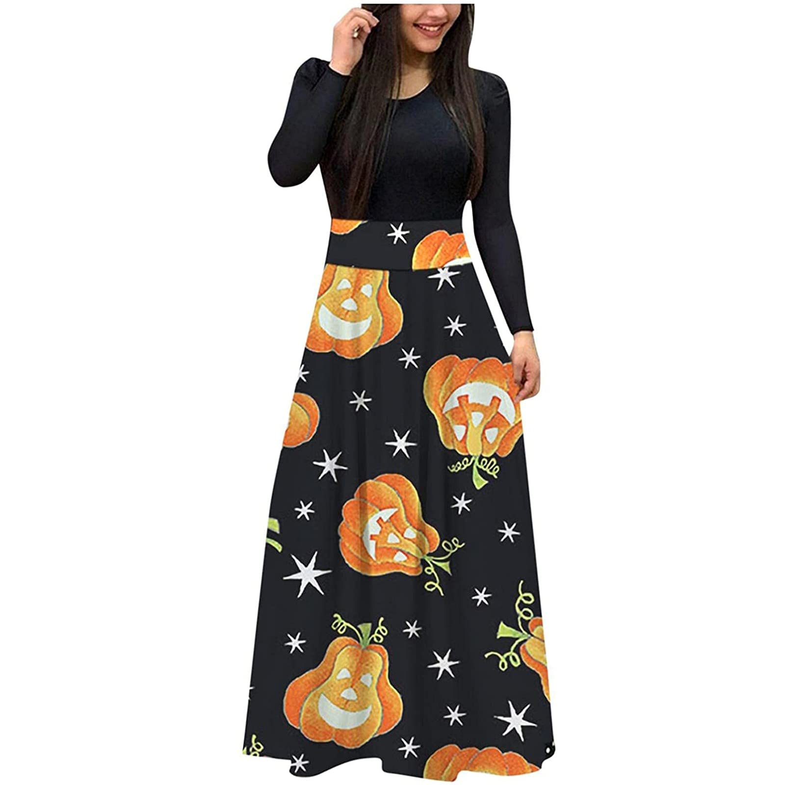 HAOREEKZ Women's Fall Fashion Long Dresses - Floral Printed Round Neck Long Sleeve Cocktail Dress with Sexy Waist Design, Elegant Maxi Dress for Party, Wedding, Date Night & Special Occasions