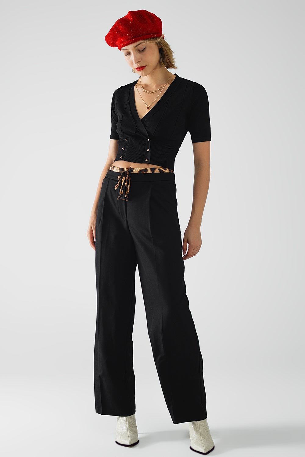 Black Pleated Long Pants with Leopard Waist Detail - Perfect for Office Wear, Casual Outfits & Evening Events