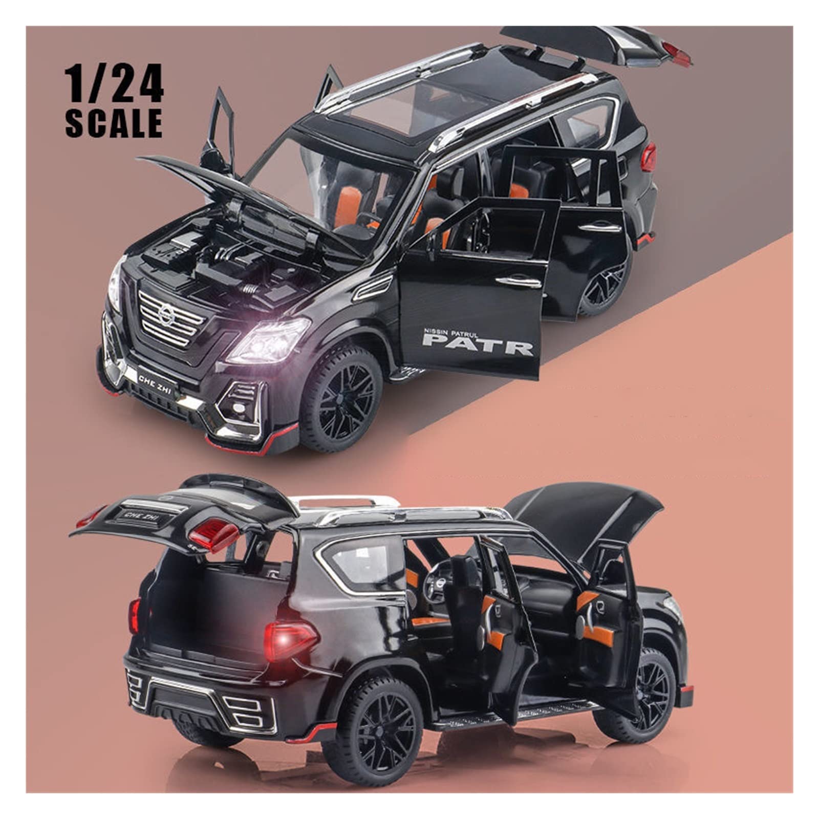 Nissan Patrol 1:24 Alloy Diecast Car Model with Light & Sound Effects - Black Toy Car for Collectors, Kids Gift, and Home Display