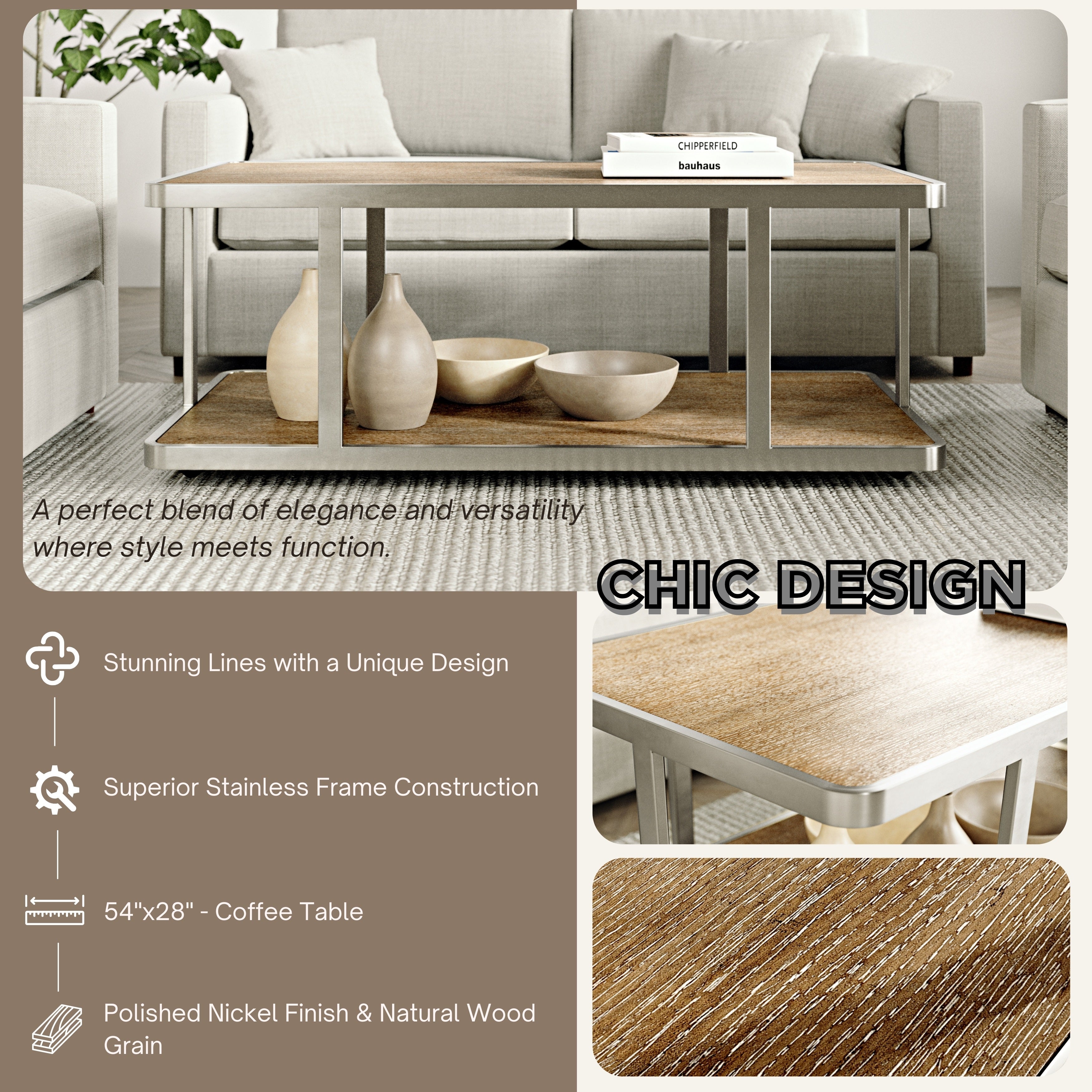Roundhill Furniture Allan Contemporary Coffee Table - Polished Nickel Finish - Modern Living Room Centerpiece for Home Decor