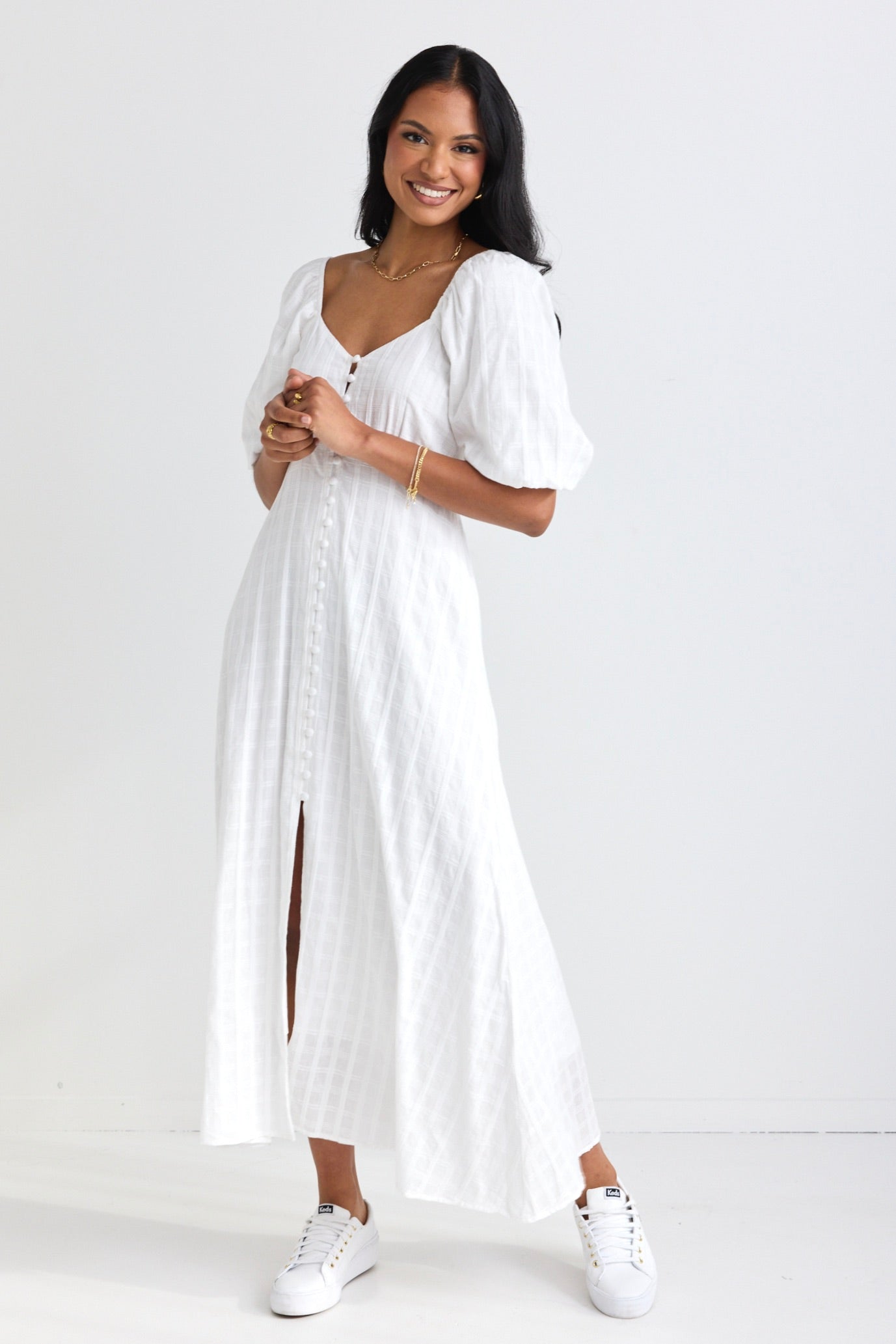 Heartfelt Ivory Check SS Button Front Midi Dress - Elegant Casual Wear for Brunch, Date Night & Summer Parties