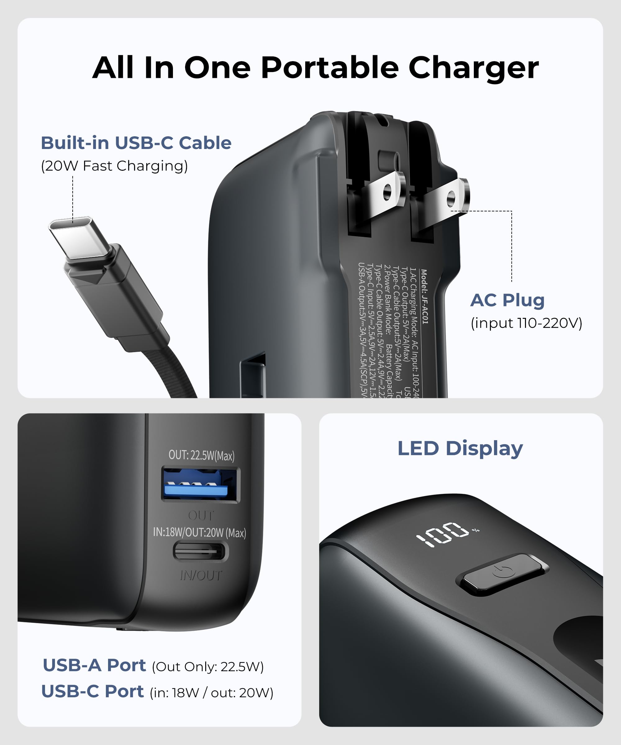 **10,000mAh Portable Charger with Built-in USB-C Cable & Plug - 22.5W Fast Charging Power Bank for iPhone 16/15, Samsung Galaxy, iPad - Compact Travel Essential with 3 Outputs (1 Pack) - Perfect for Travel, Camping & Emergency Charging**